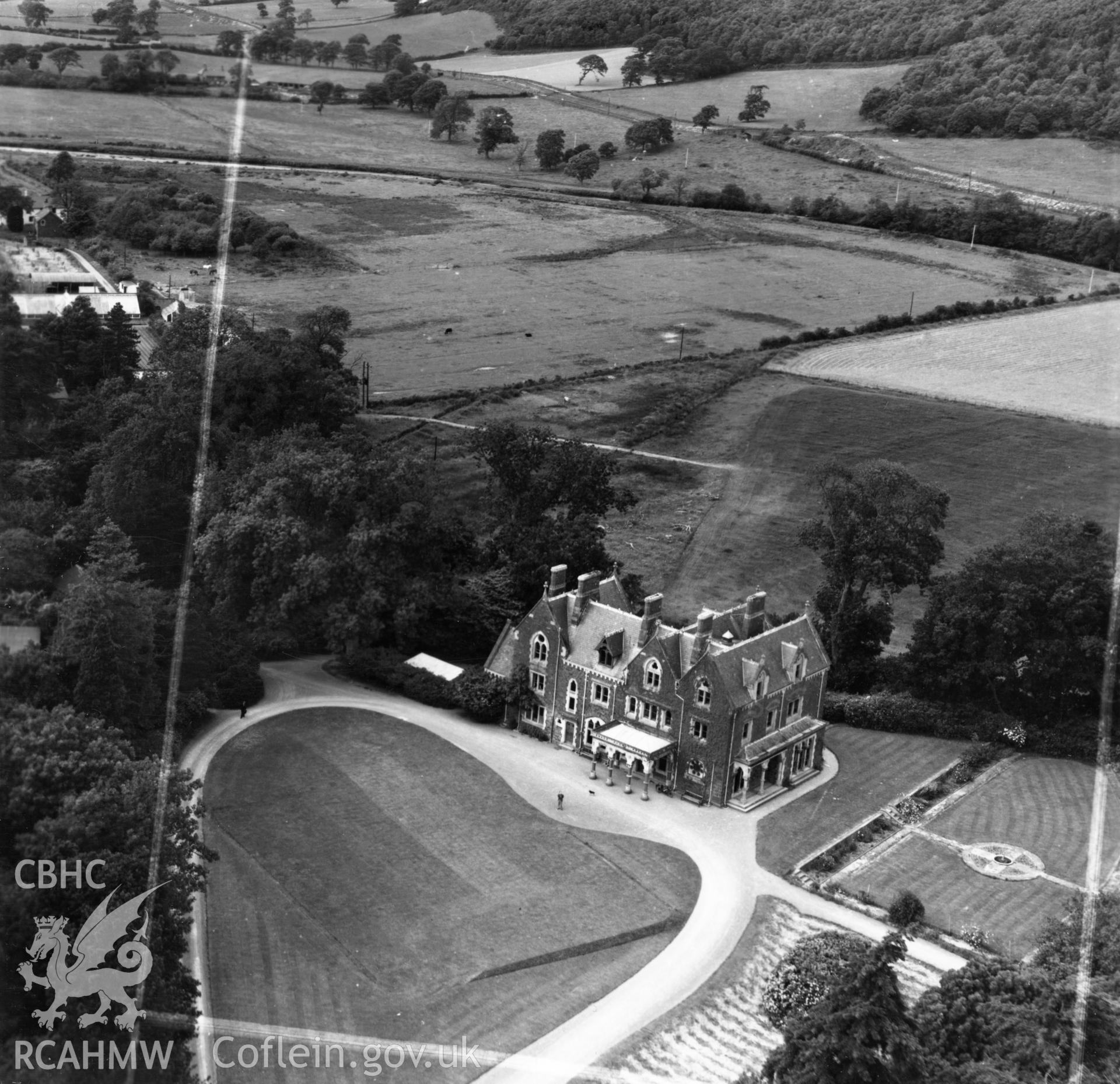 View of Abermad, listed as 'Holywood School'. Oblique aerial photograph, 5?" cut roll film.