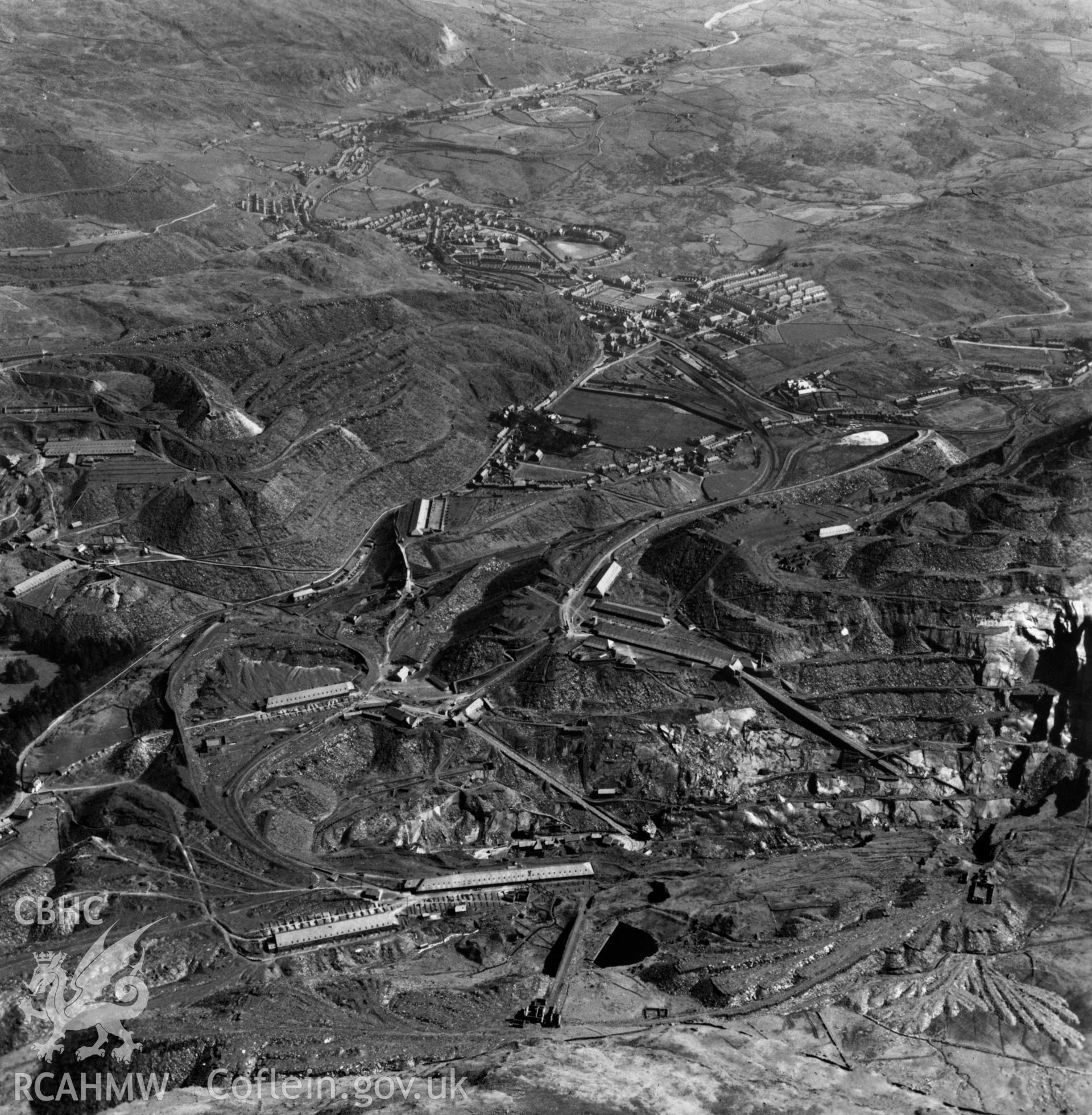 View of Oakley Slate quarries Co. Ltd., with distant view of Blaenau Ffestiniog. Oblique aerial photograph, 5?" cut roll film.