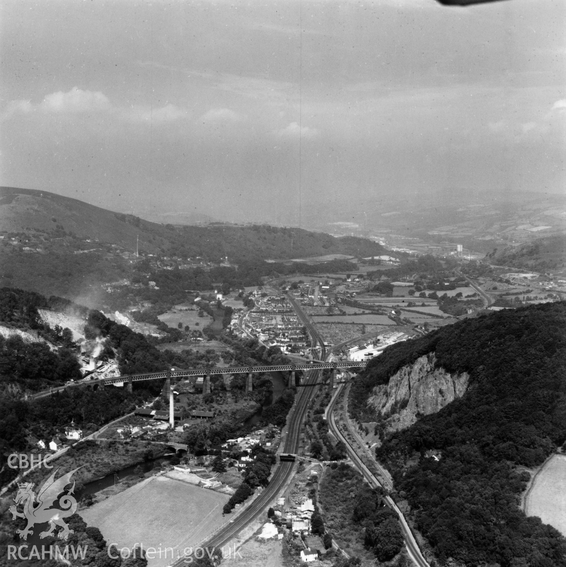 General view of Taffs Well showing Walnut Tree viaduct and Garth Ironworks. Oblique aerial photograph, 5?" cut roll film.