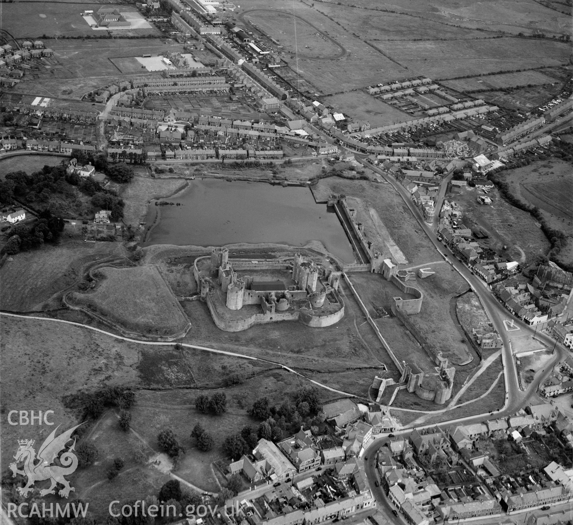 View of Caerphilly showing castle and Virginia Park stadium