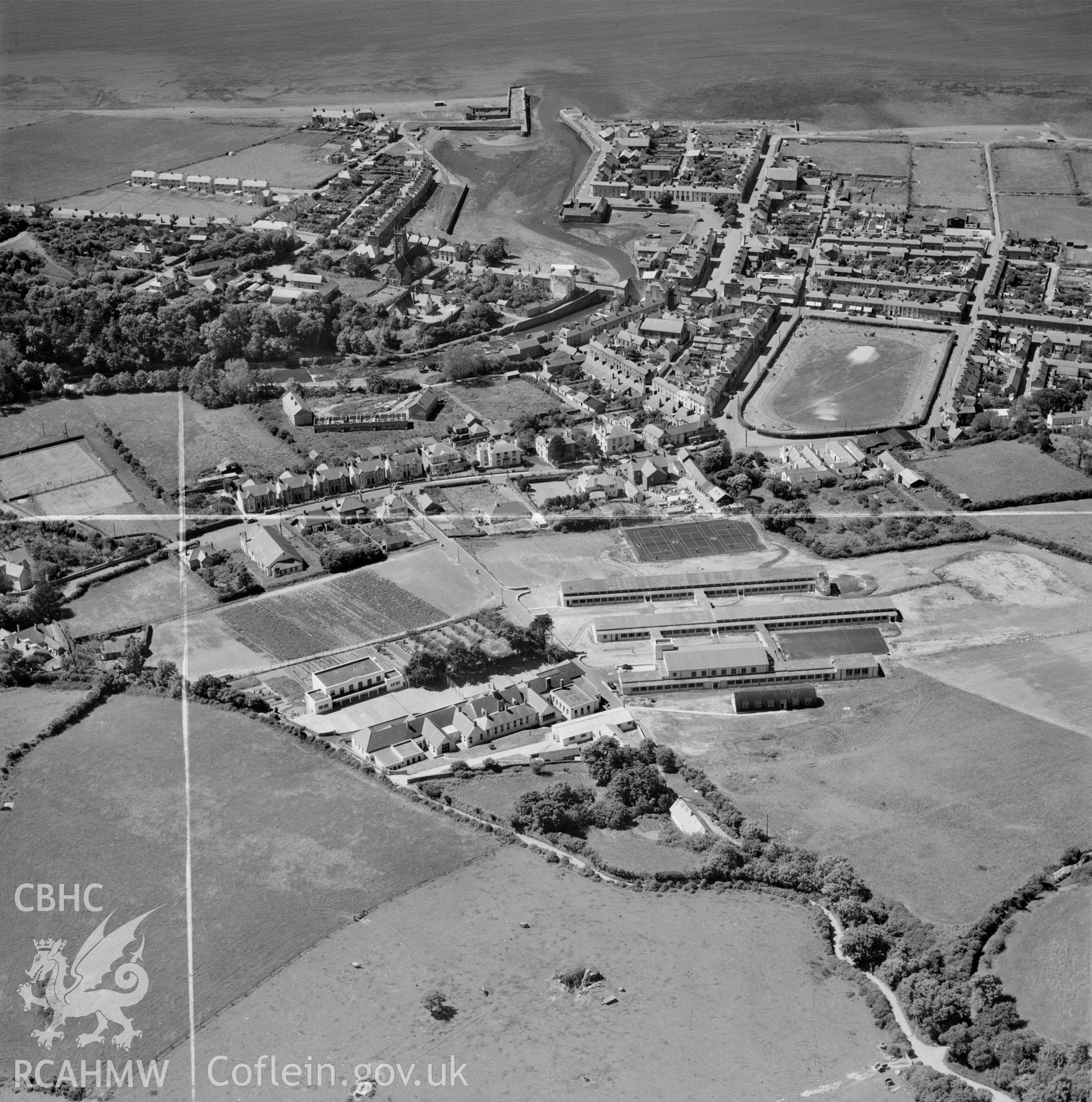 View of Aberaeron showing the newly built Ysgol Gyfun Aberaeron, commissioned by the headmaster