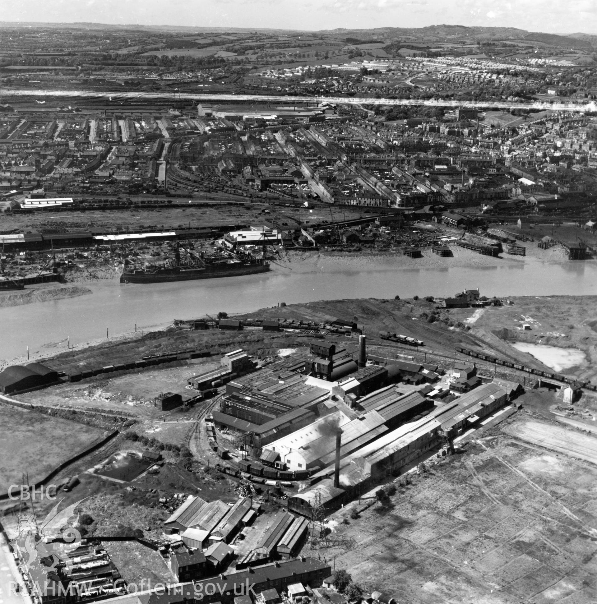 View of the British Glues and Chemicals works, Newport. Oblique aerial photograph, 5?" cut roll film.
