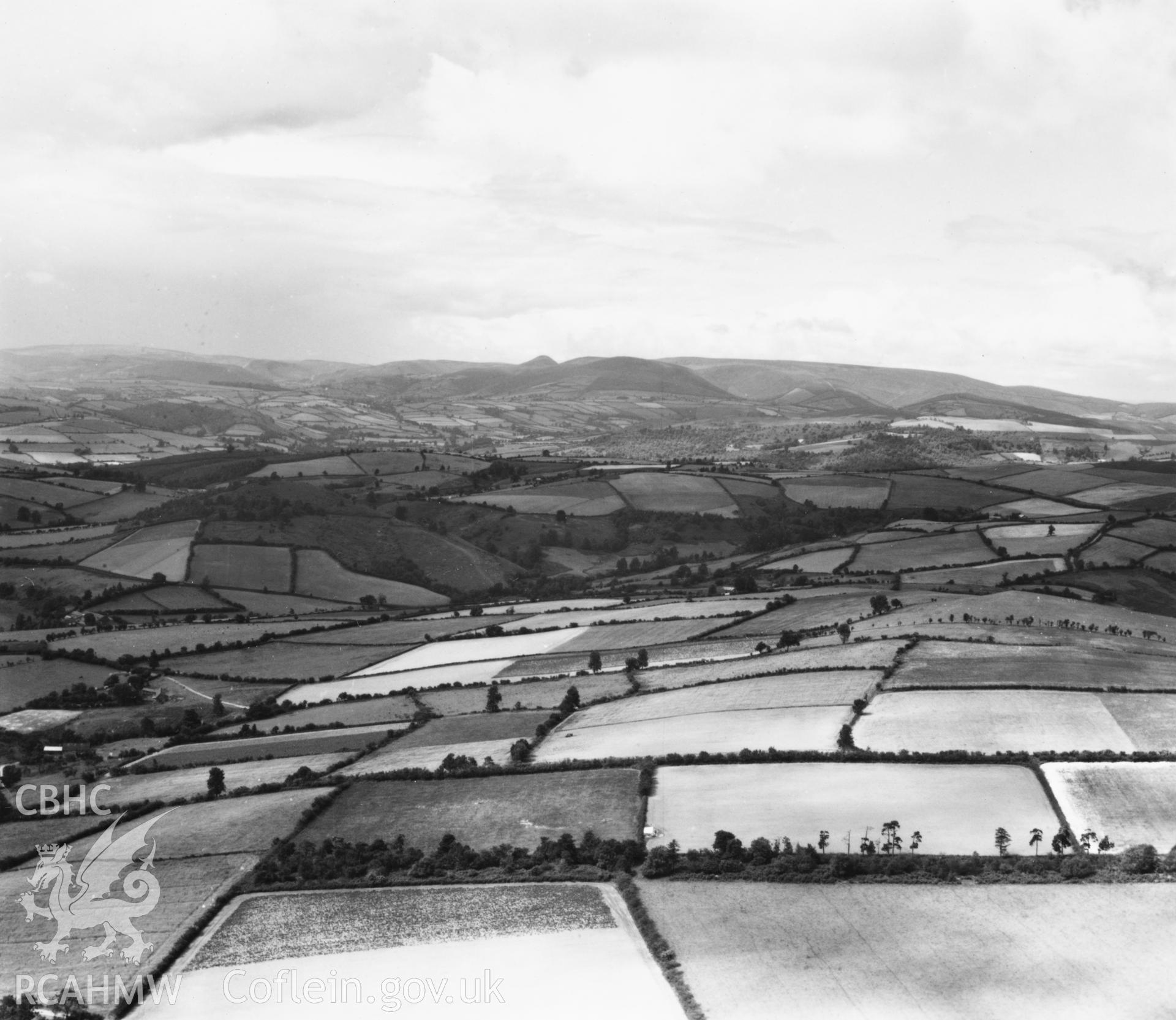 View of landscape near Llandegley. Oblique aerial photograph, 5?" cut roll film.