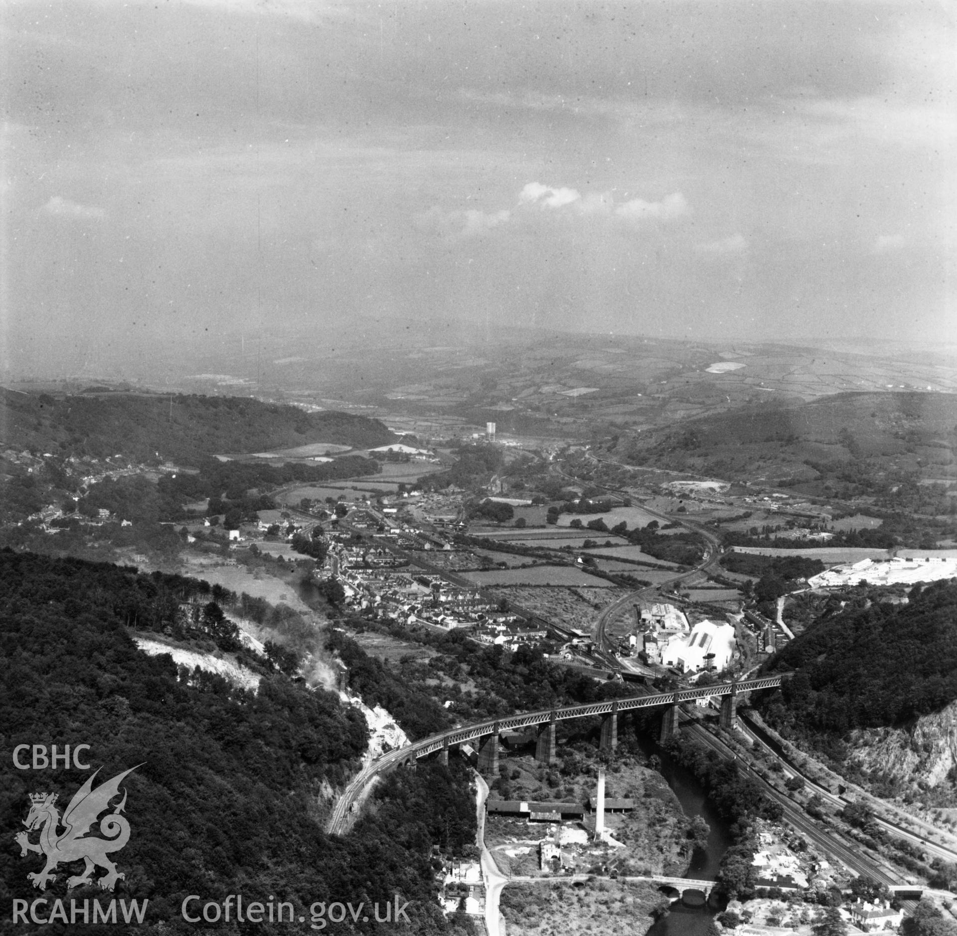 General view of Taffs Well showing Walnut Tree viaduct and Garth Ironworks. Oblique aerial photograph, 5?" cut roll film.