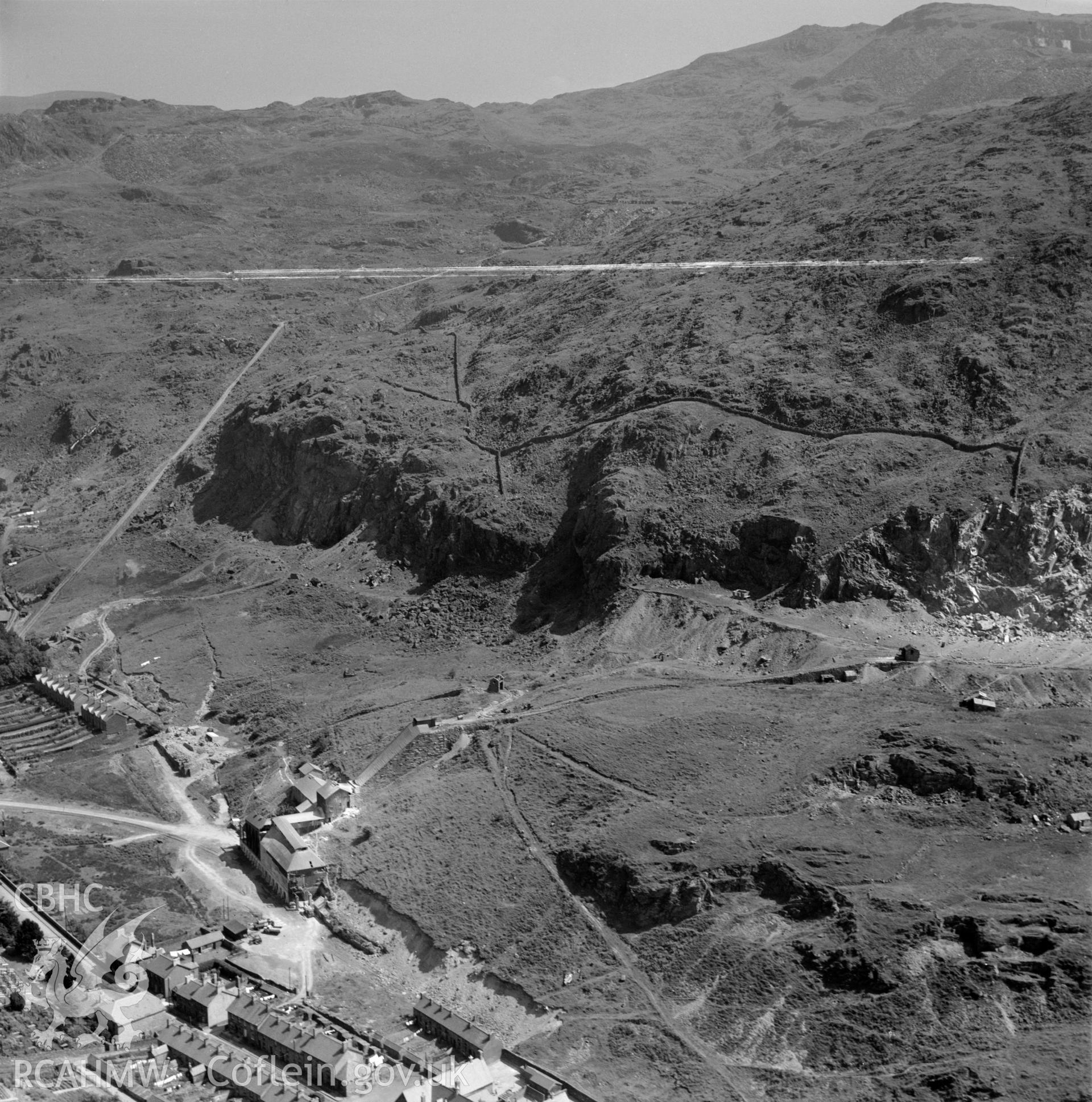 View of Madoc quarry, Blaenau Ffestiniog, commissioned by Cawood Wharton & Co. Ltd.. Oblique aerial photograph, 5?" cut roll film.