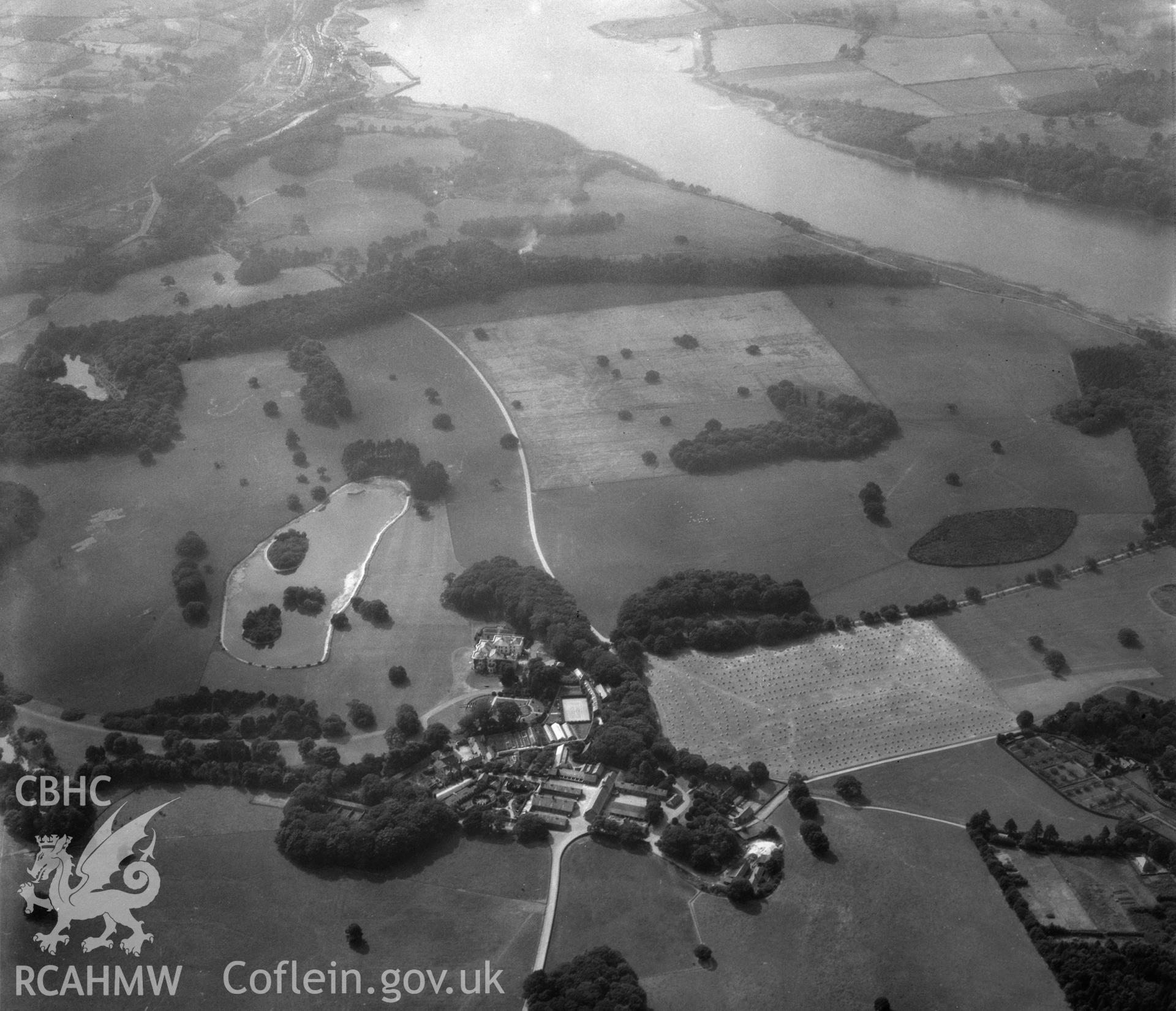 View of Vaynol Hall, estate buildings and parkland