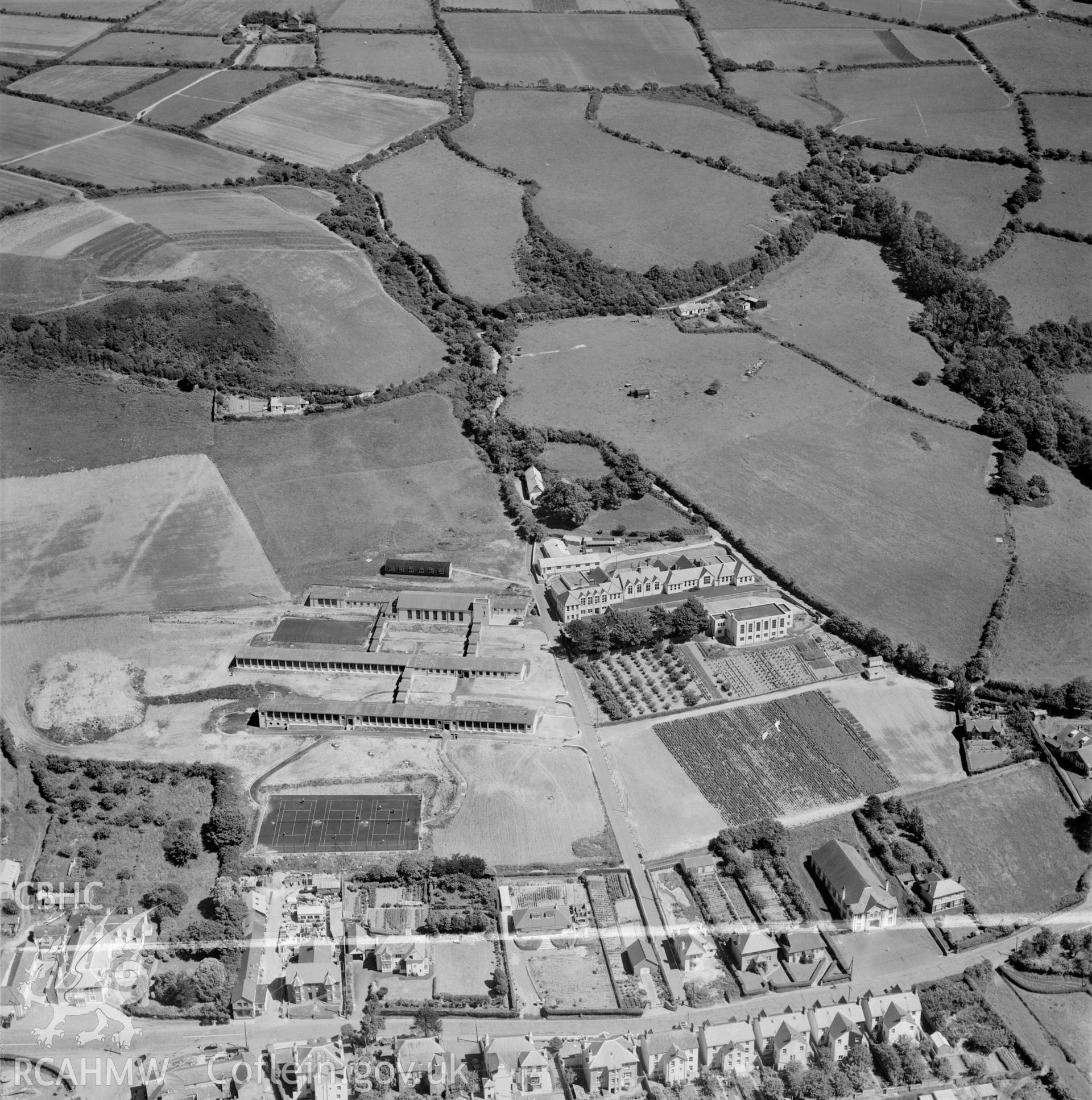 View of Aberaeron showing the newly built Ysgol Gyfun Aberaeron, commissioned by the headmaster