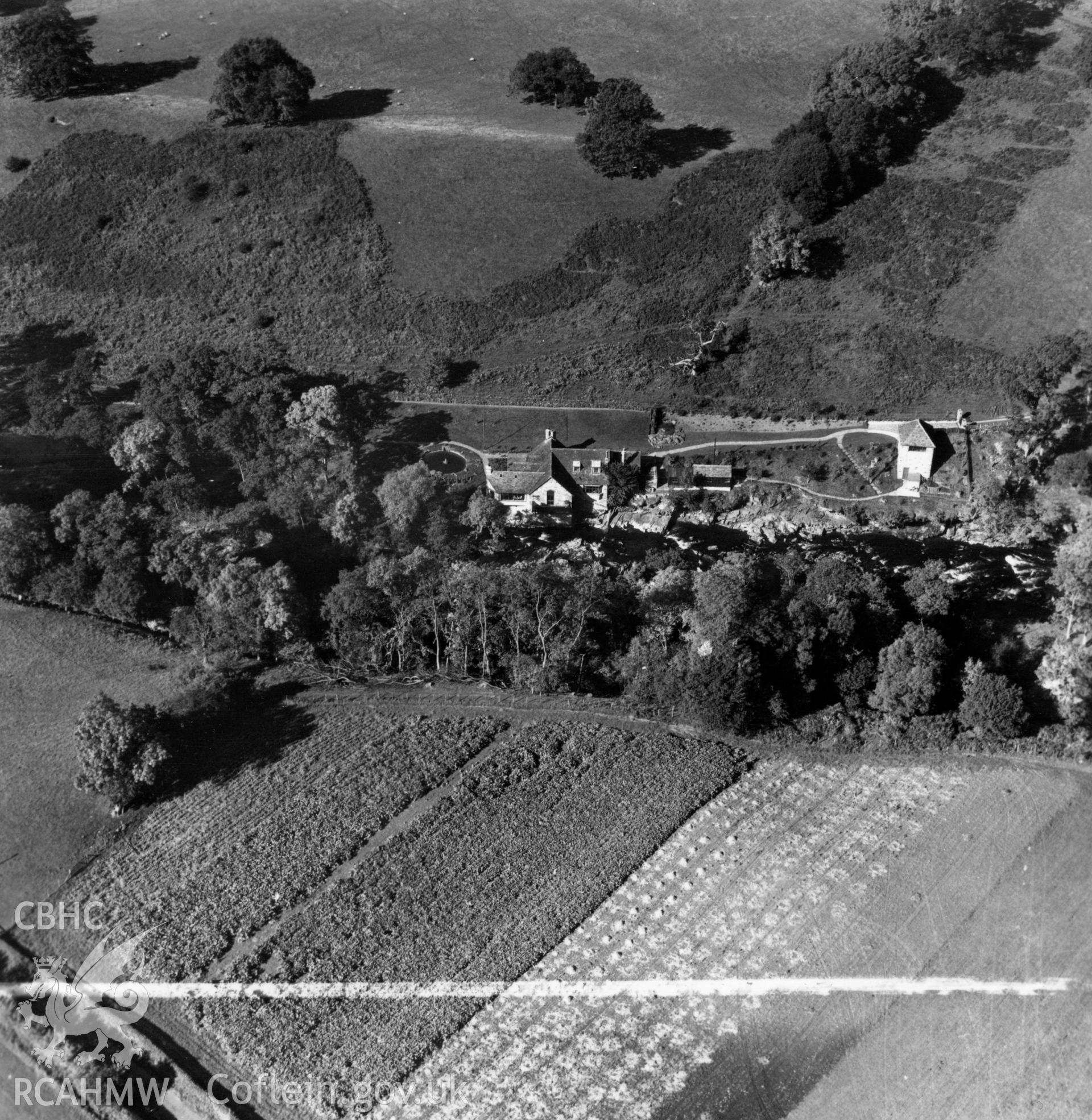 View of Buckland Old Mill, commissioned by Sir Roy Fedden. Oblique aerial photograph, 5?" cut roll film.