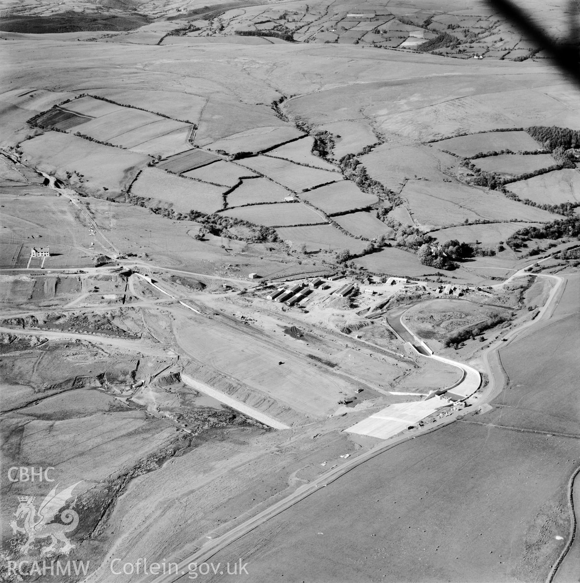 View showing construction of Usk reservoir, commissioned by County Borough of Swansea