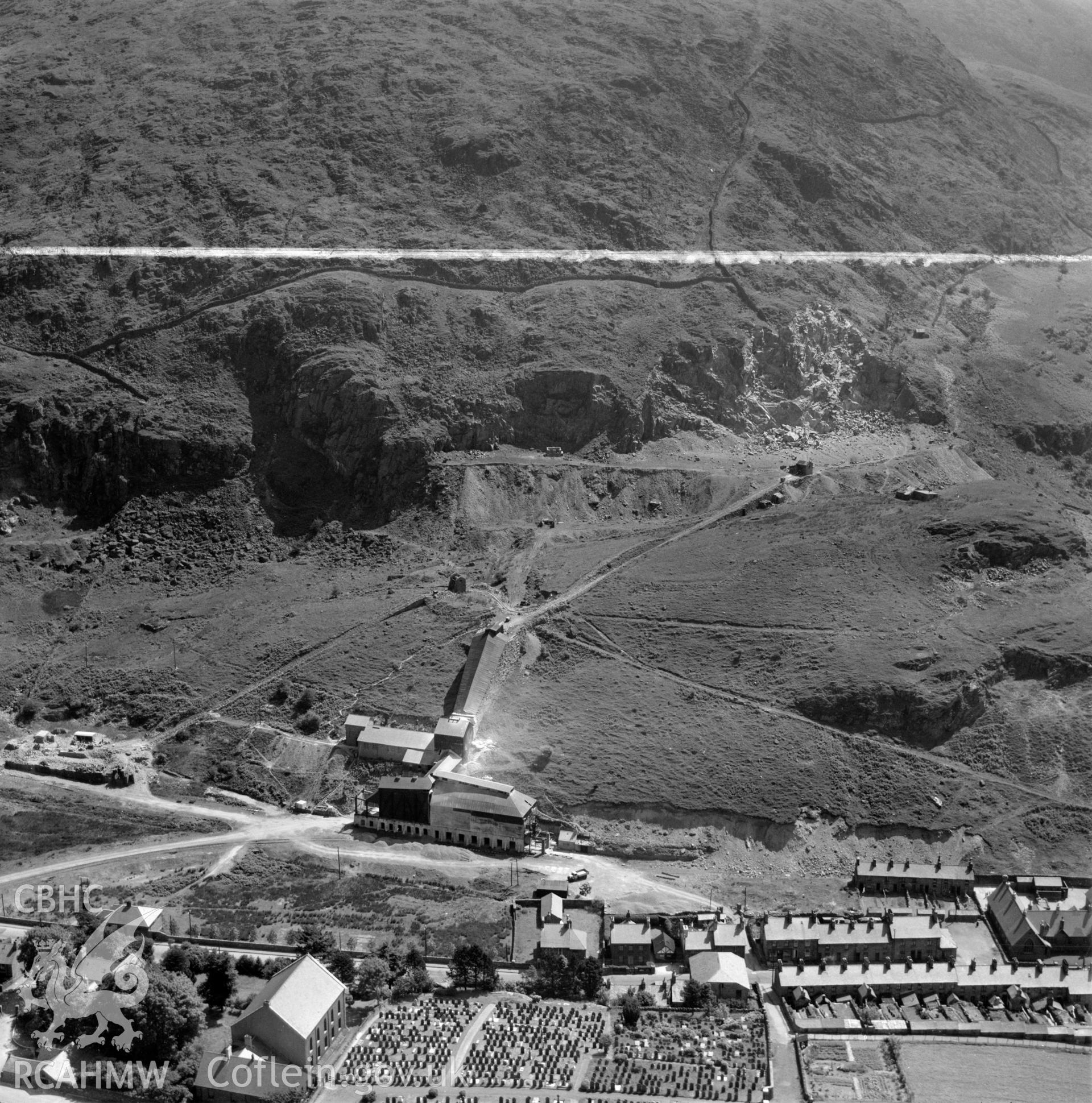 View of Madoc quarry, Blaenau Ffestiniog, commissioned by Cawood Wharton & Co. Ltd.. Oblique aerial photograph, 5?" cut roll film.