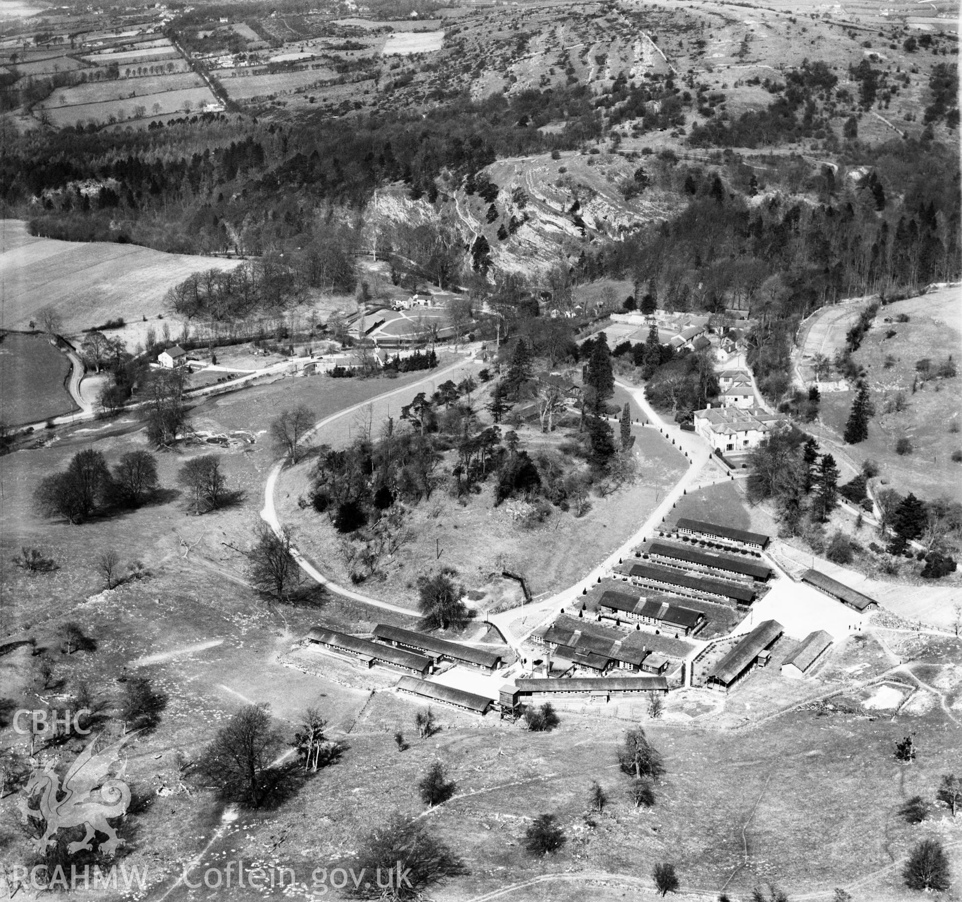 View of Colomendy Camp commissioned by J. Gerrard & Sons Ltd. Swinton, titled: 'Manchester Holiday Camp'. Oblique aerial photograph, 5?" cut roll film.