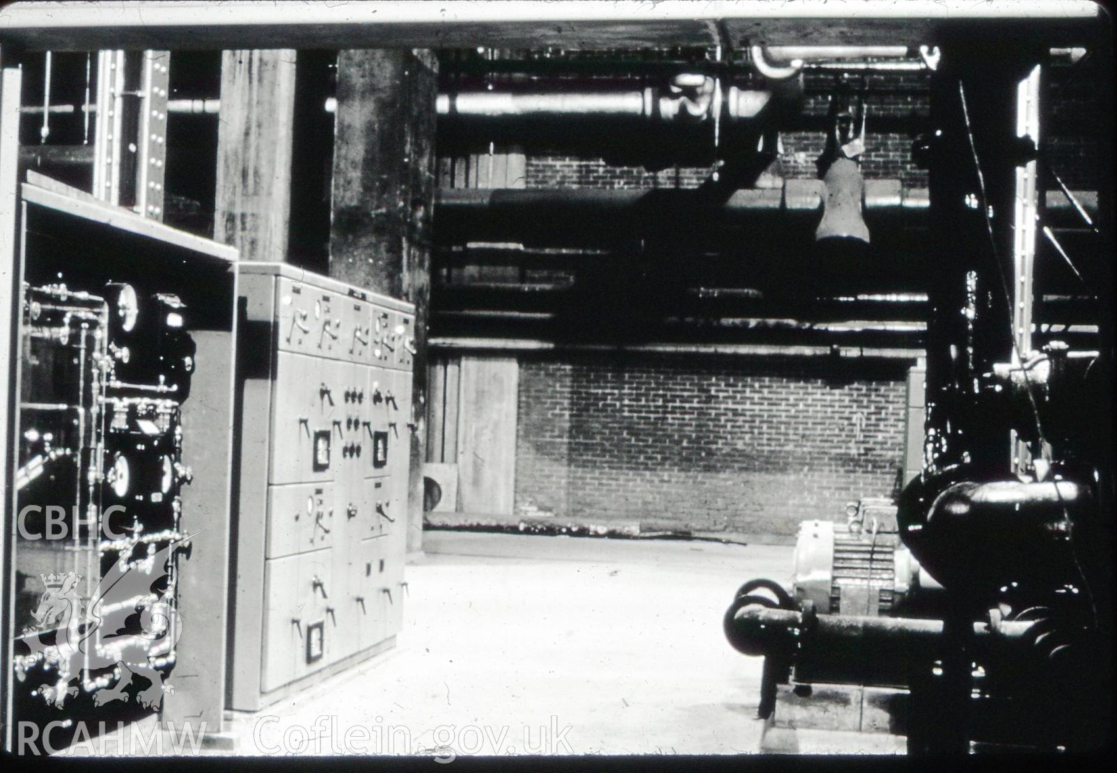 Digital photograph showing H2 cooler pumps and H2 board at Uskmouth power station in the 1950's