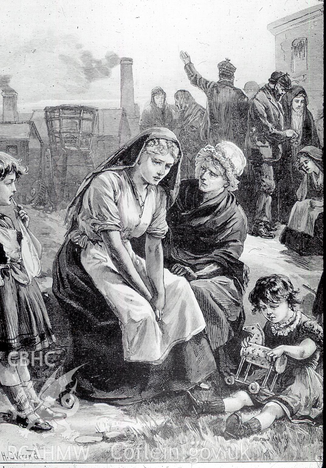 Digital copy of etching from London Illustrated News entitled: 'Park Slip Colliery - 'Hope from Hope, 112 killed', dated 1892.