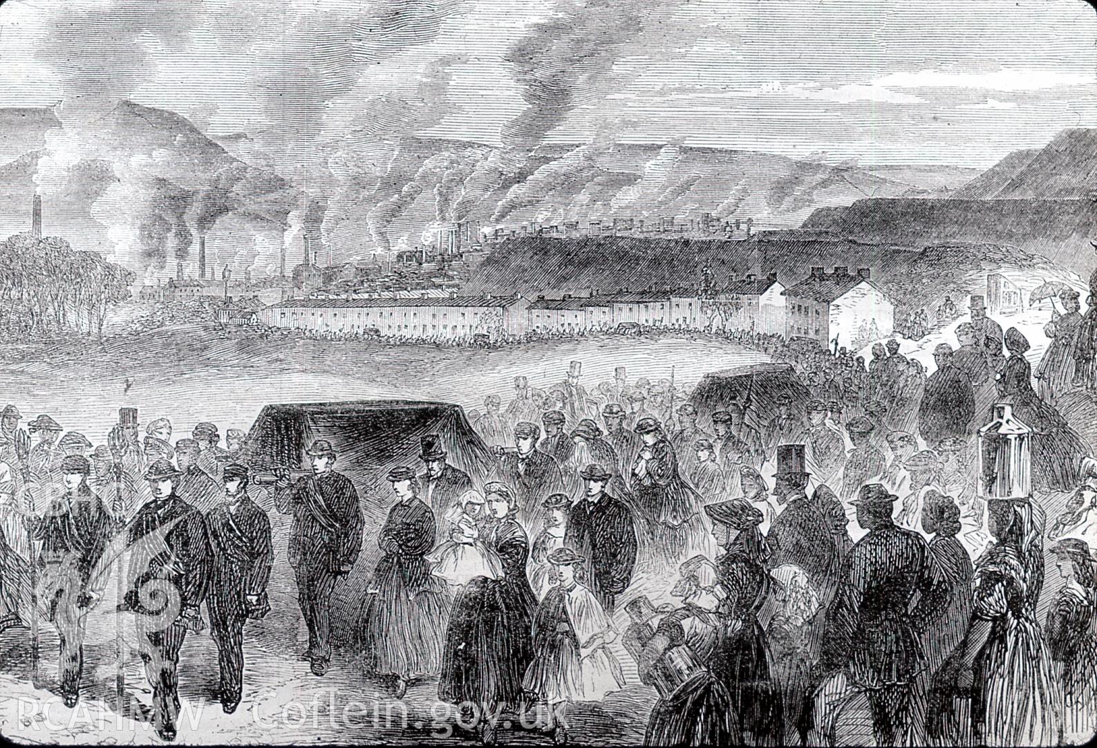 Digital copy of etching from London Illustrated News entitled: 'Funeral of the Colliers killed by the late explosion: New Tredegar, Bedwellty', dated 1865.