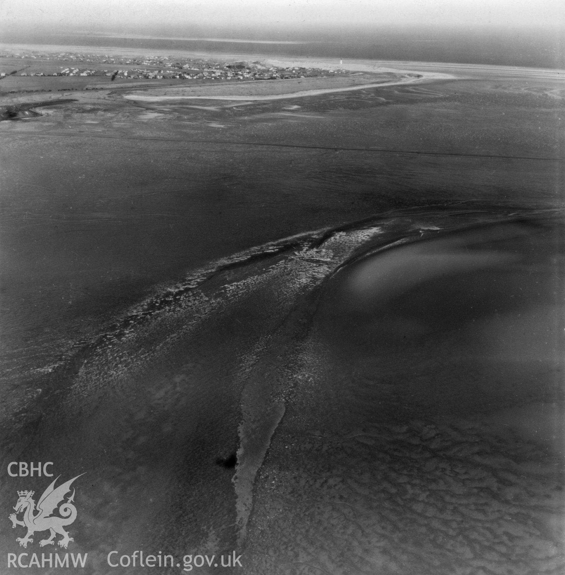 View of mudflats at Point of Ayr. Oblique aerial photograph, 5?" cut roll film.