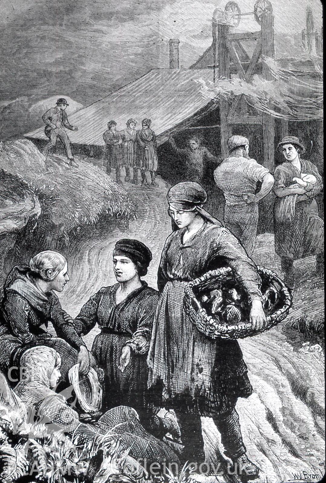 Digital copy of etching from The Graphic entitled: 'The Colliers Srike in South Wales - Tip Girls', dated 1873.