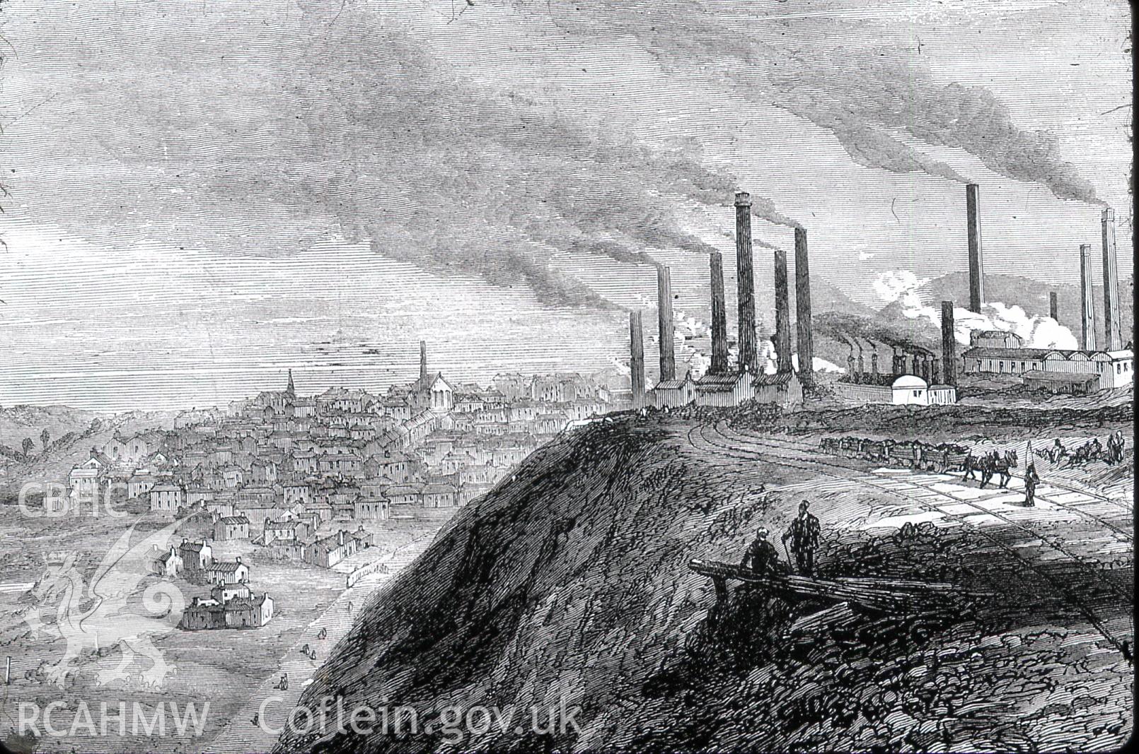 Digital copy of etching from London Illustrated News entitled: 'The Lockout in South Wales: Dowlais from the Cinder Heaps', dated 1875.