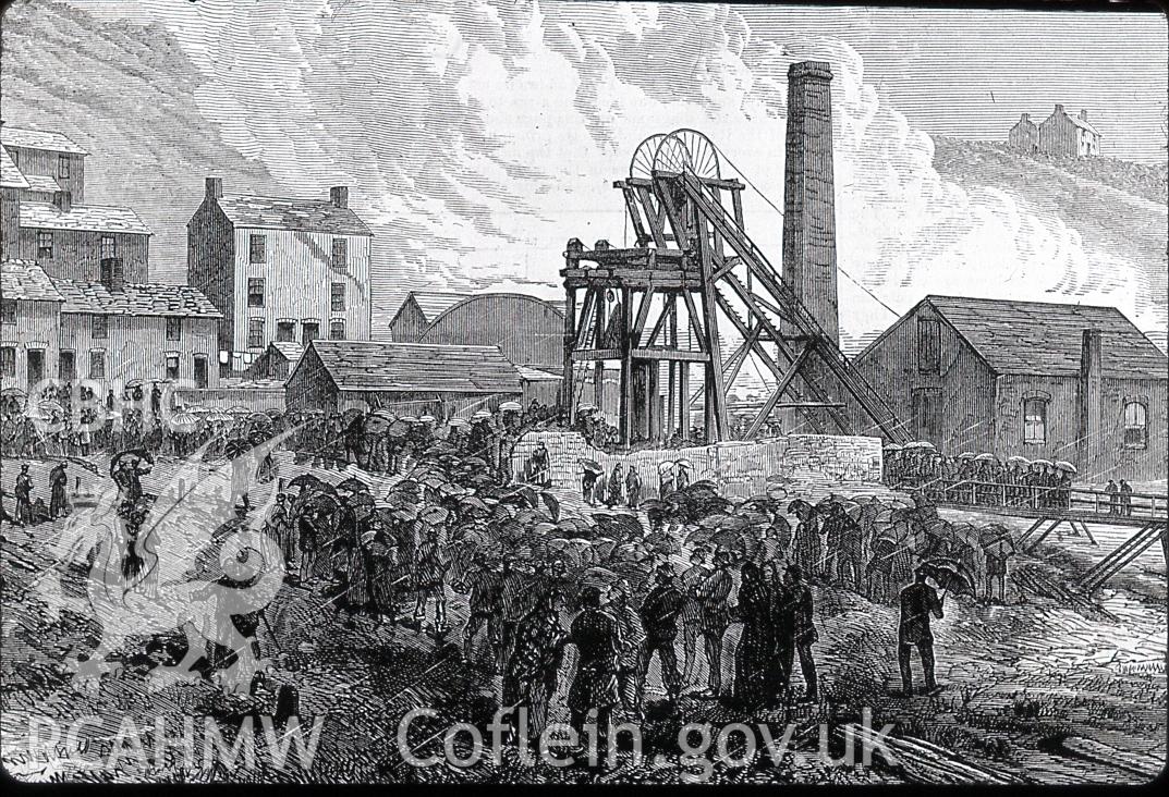 Digital copy of etching from London Illustrated News entitled: 'Dinas Colliery, Rhondda Valley, The Scene of The Late Disaster', dated 1879.