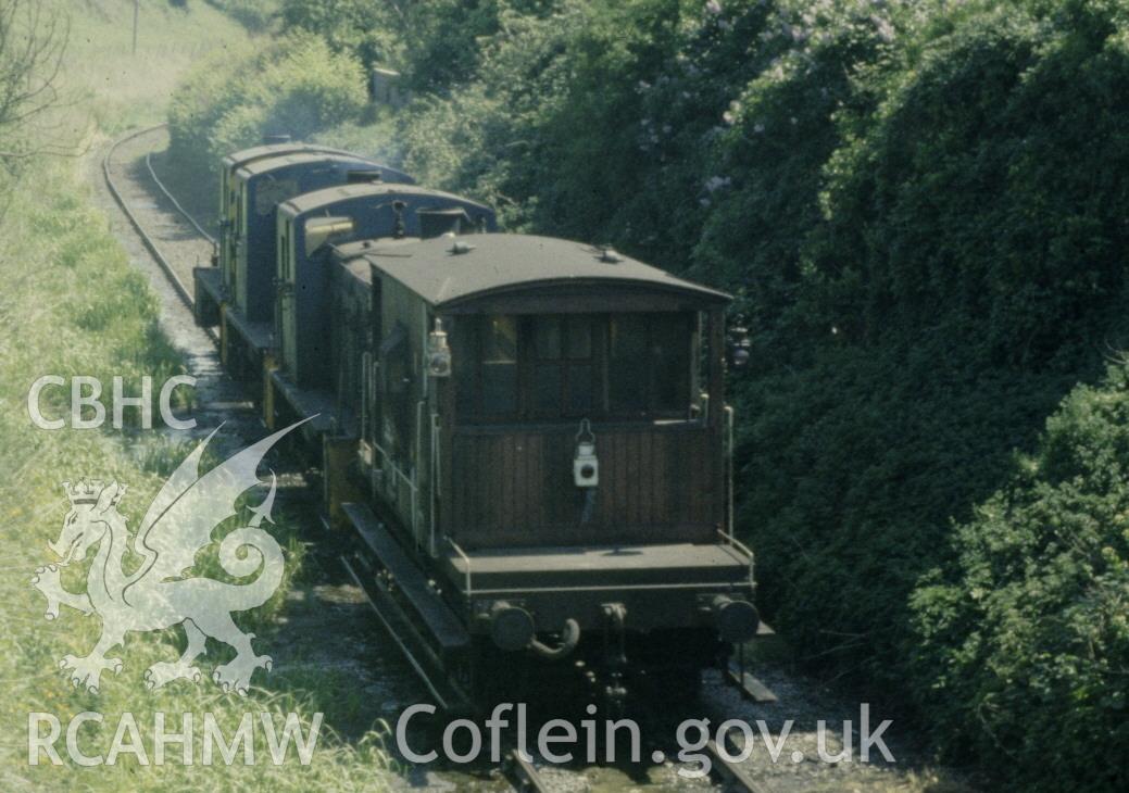 Digital photograph showing train on the Burry Port and Gwendraeth railway at Pembrey, taken in 1975.