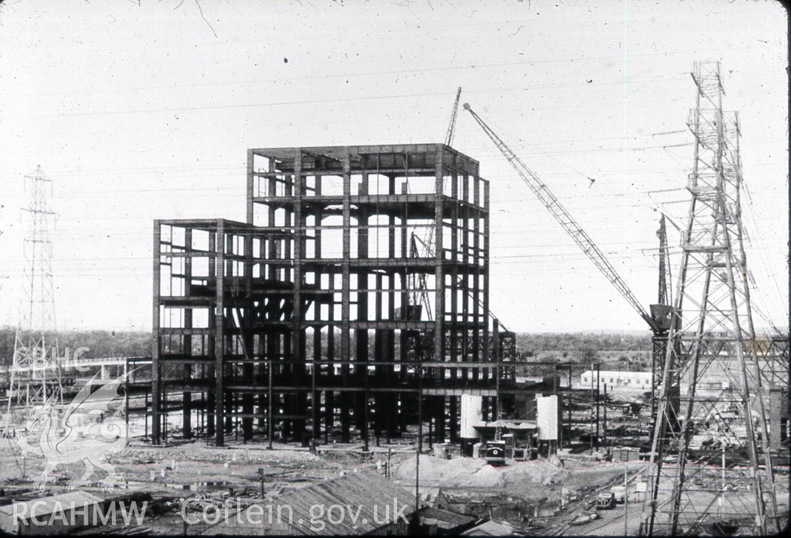 Digital photograph showing Uskmouth Power station under construction in the 1950's