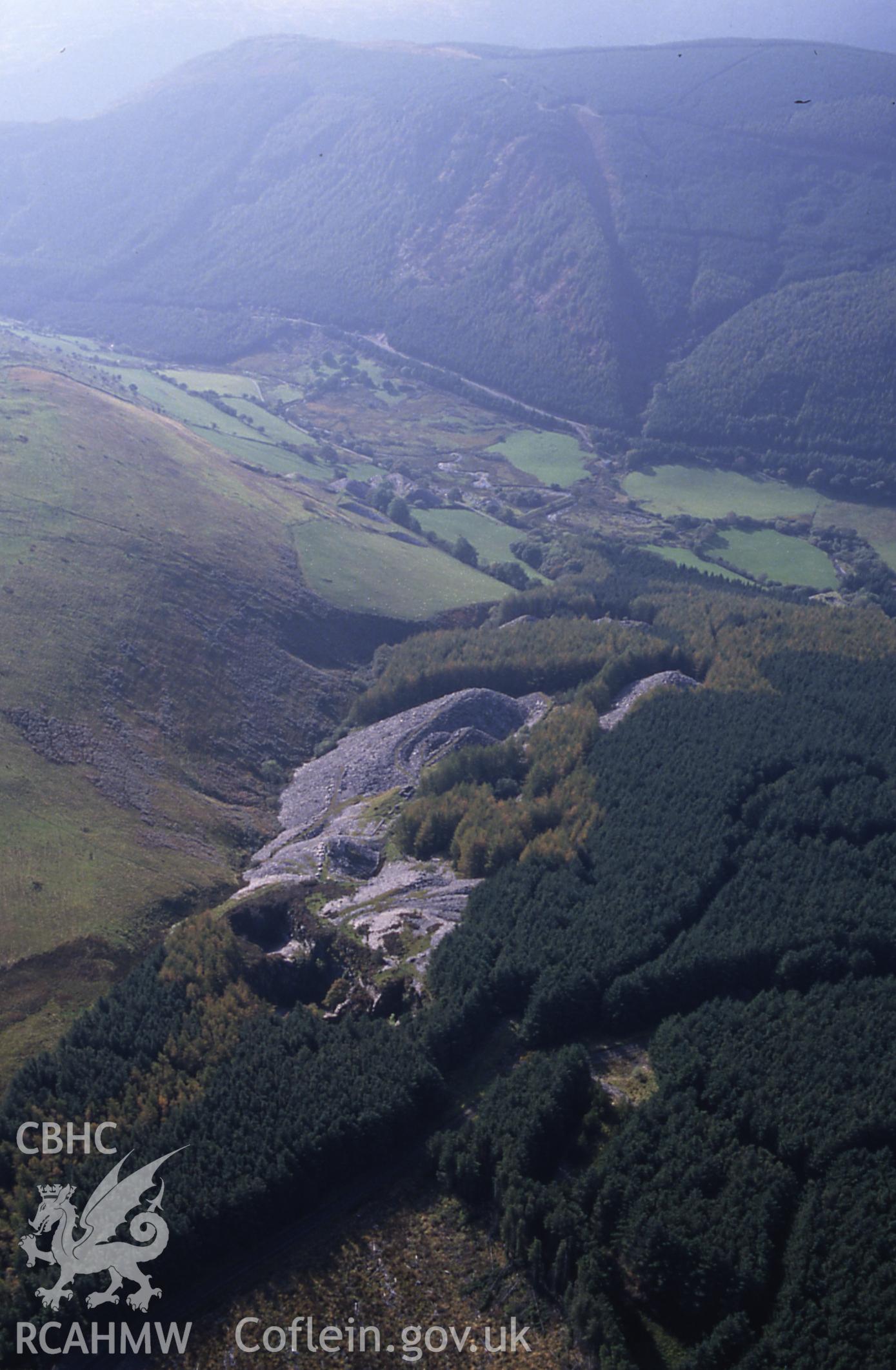 RCAHMW colour slide oblique aerial photograph of Ratgoed Quarries (slate), Corris, taken by C.R. Musson, 09/10/94