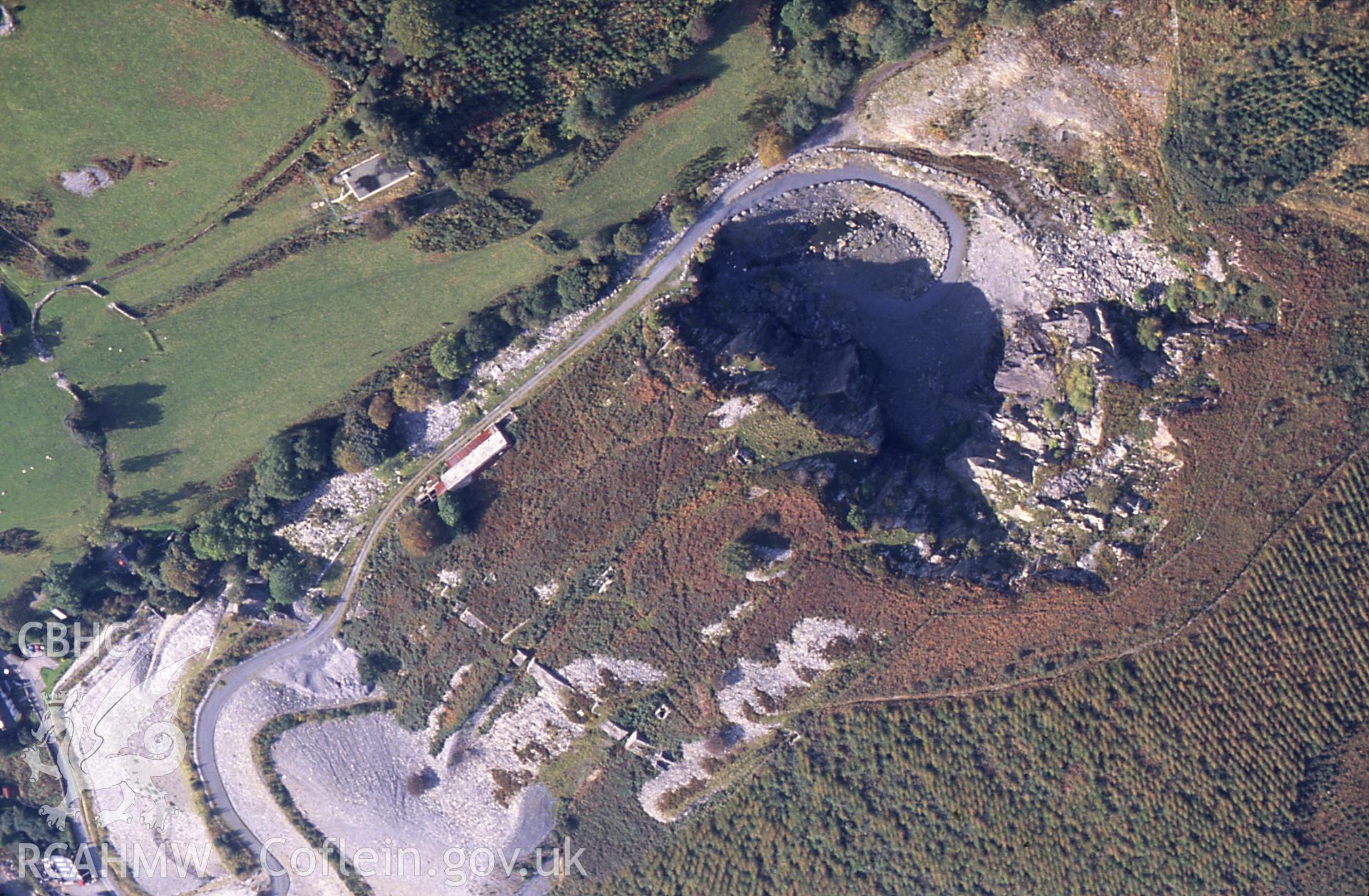 RCAHMW colour slide oblique aerial photograph of Abercwmeiddaw Slate Quarry, Corris, taken by C.R. Musson, 09/10/94