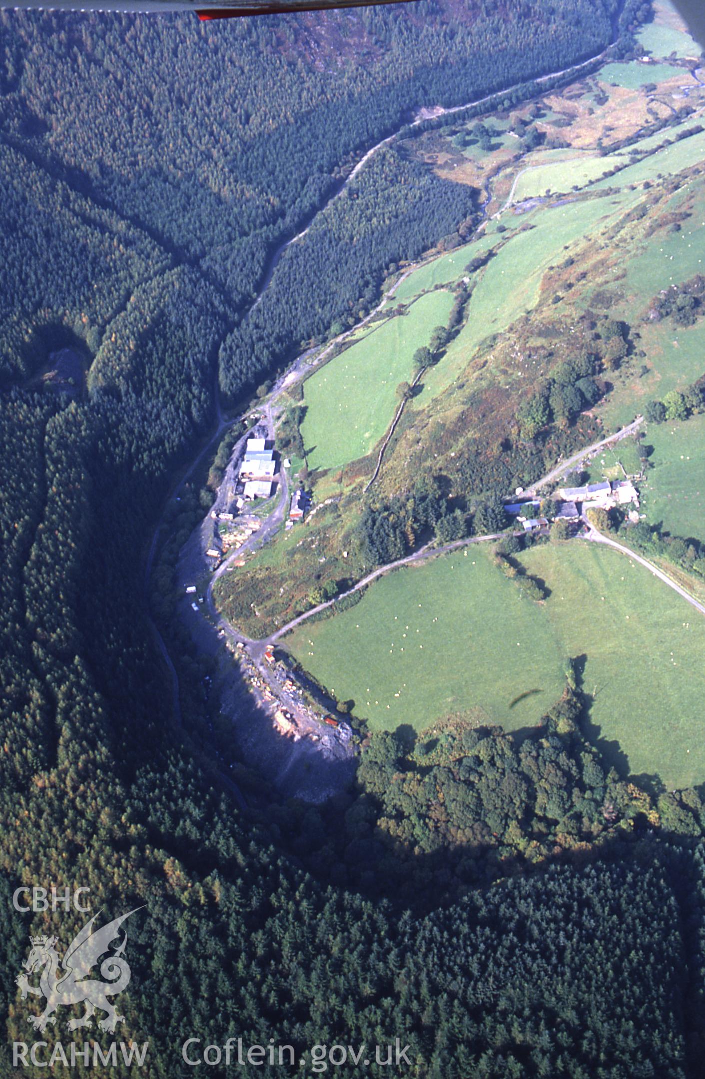 RCAHMW colour slide oblique aerial photograph of South Cymerau Quarry (slate), Corris, taken by C.R. Musson, 09/10/94