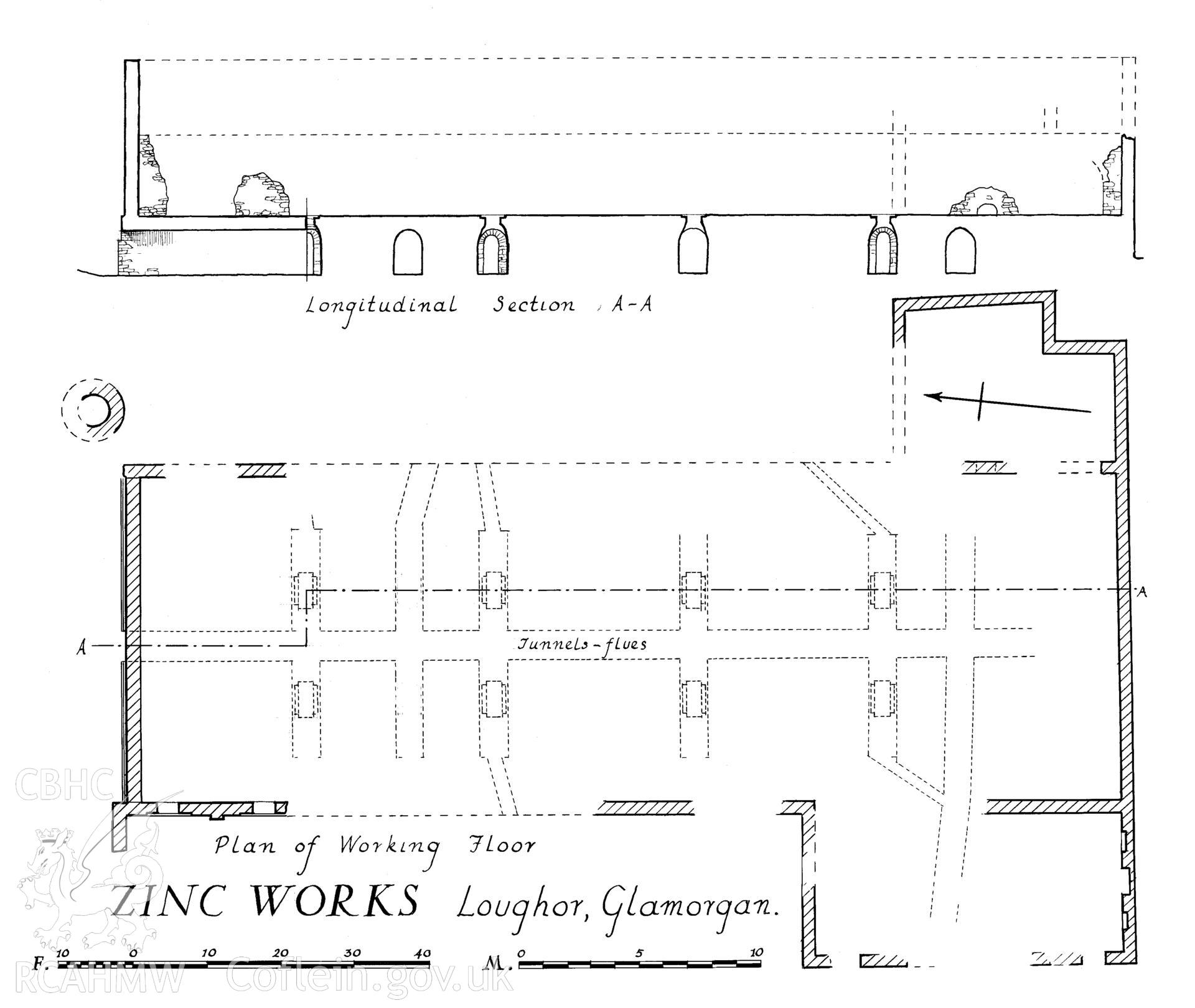 RCAHMW drawing produced by Douglas Hague, showing plan and section of Loughor Zinc Works.