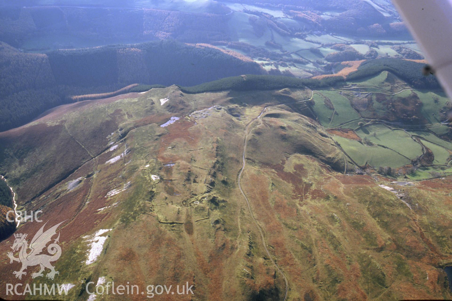 RCAHMW colour slide oblique aerial photograph of Pencraig Ddu Lead & Silver Mines, Melindwr, taken on 30/10/1992 by CR Musson