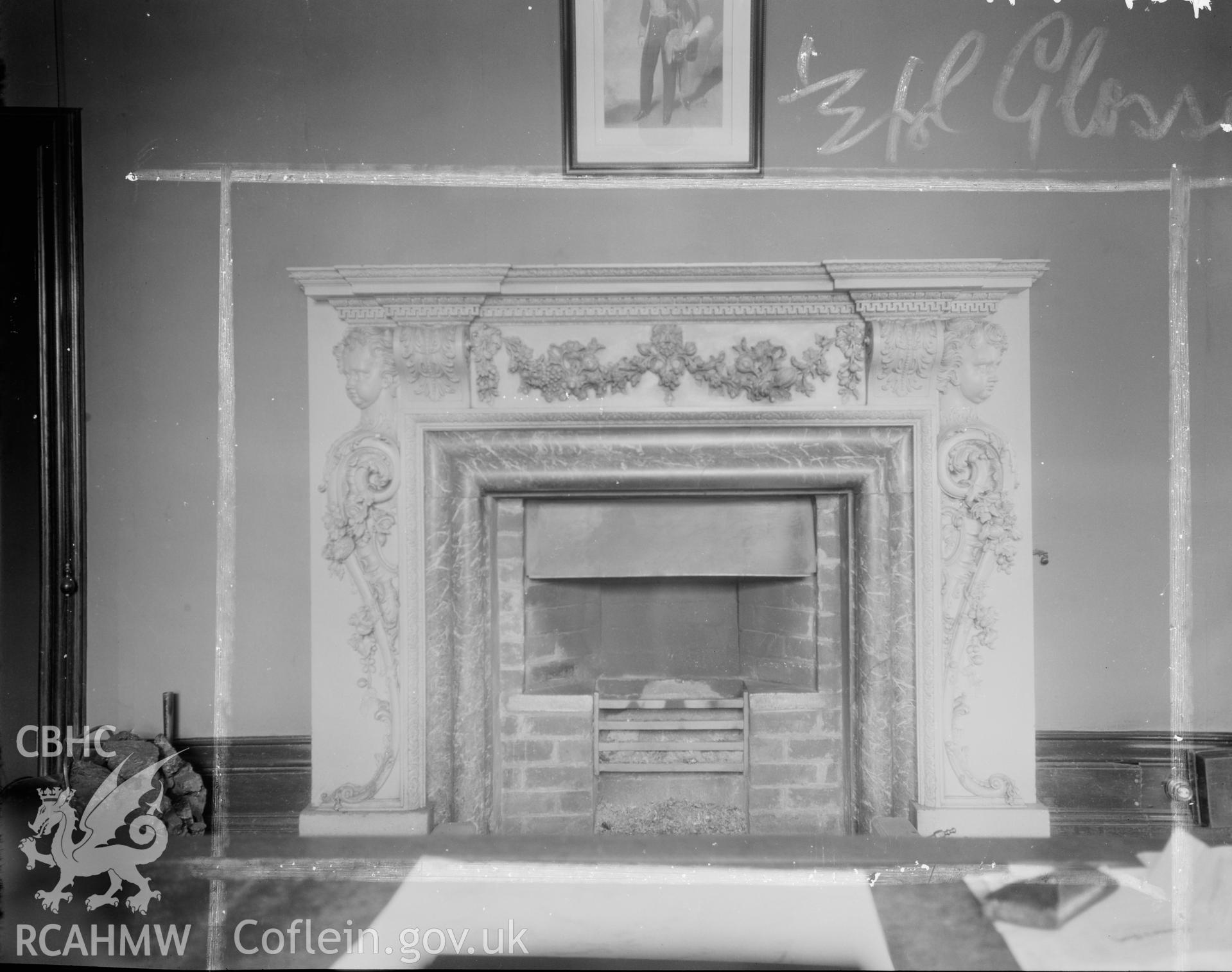 Black and white print of the fireplace, Llwyn-On, Llanddaniel Fab.