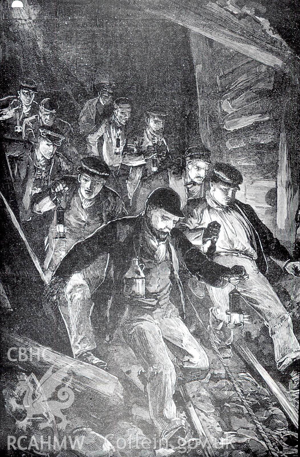 Digital copy of etching from London Illustrated News entitled: 'Park Slip Colliery: Exploring Party Going Down', dated 1892.