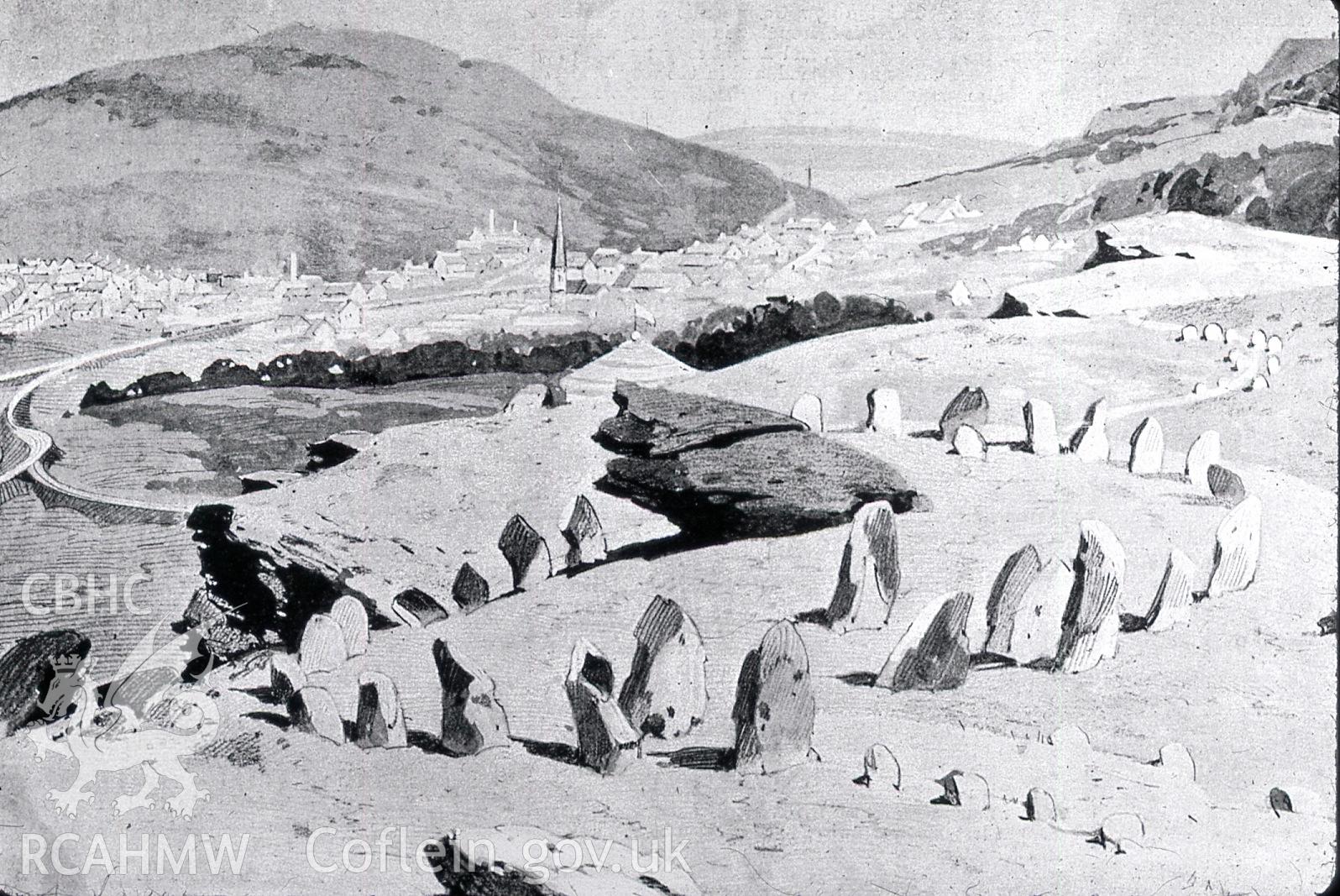 Digital copy of etching from London Illustrated News entitled: 'Colliery Strikes South Wales - Rocking Stone, Pontypridd, meeting place of Welsh miners', dated 1893.