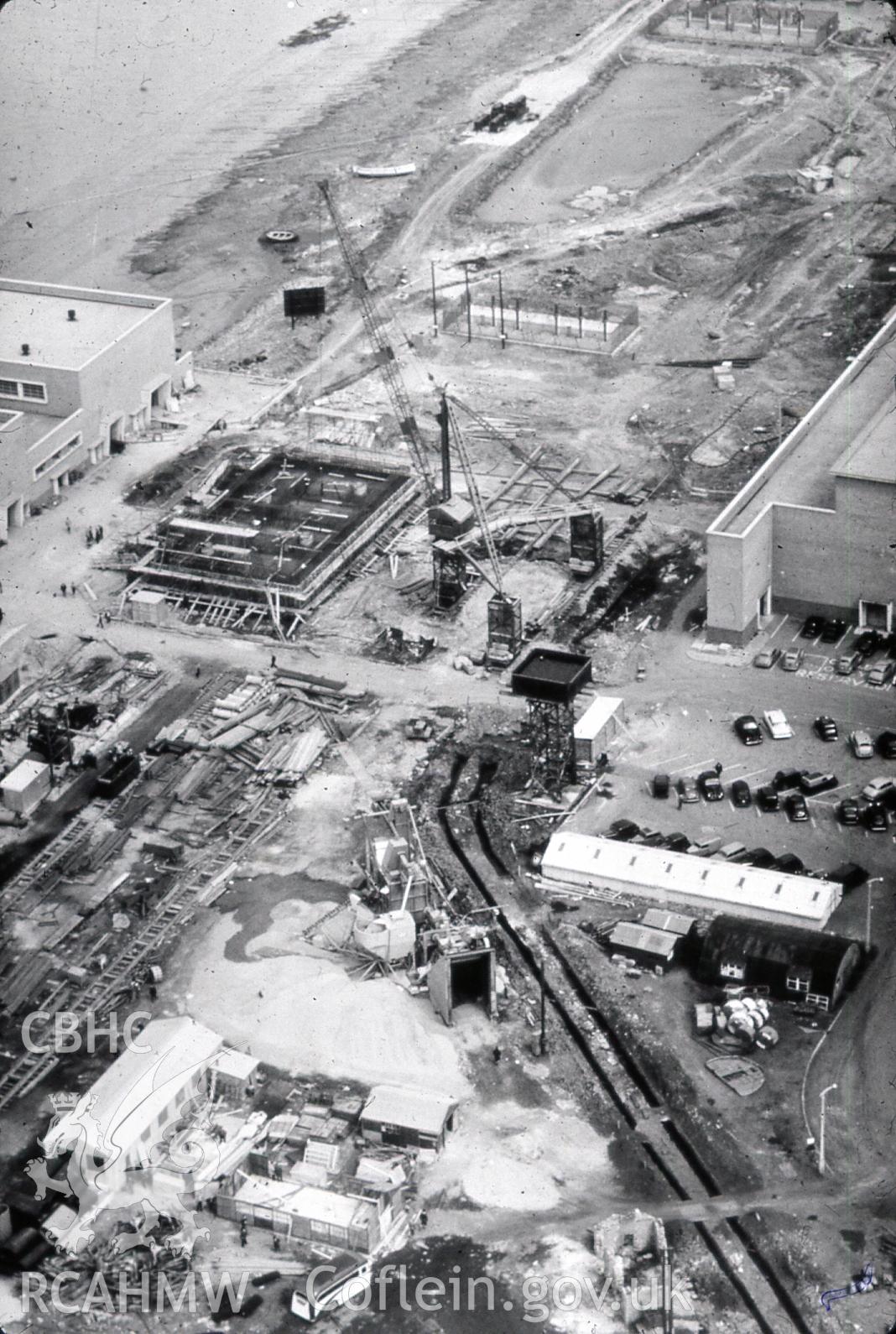 Digital photograph showing the pump house at Uskmouth Power station under construction in the 1950's