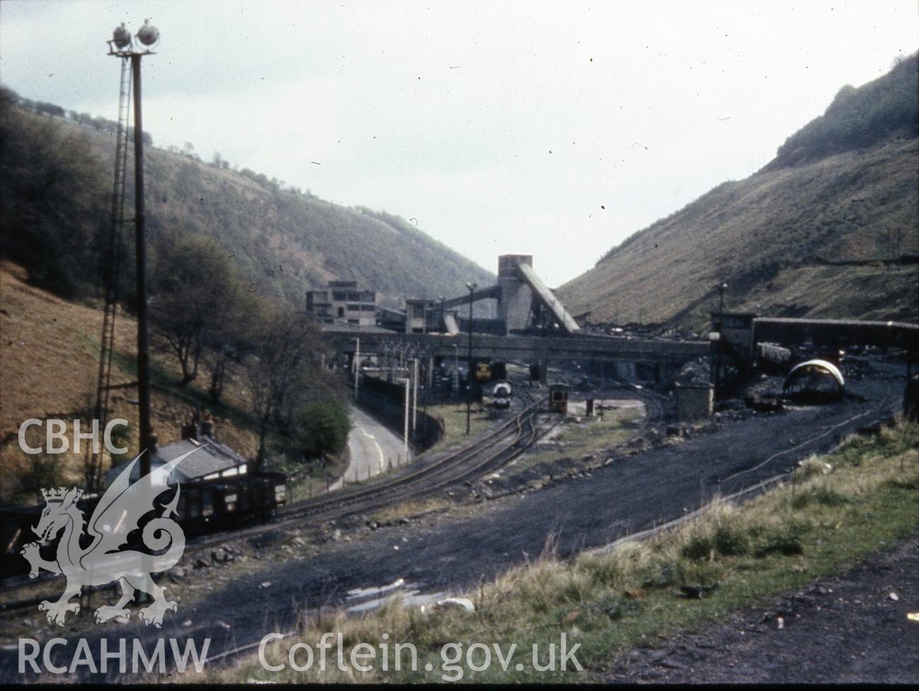 Digital photograph showing Taff Vale extension railway at Hafodyrynys colliery, taken c1970