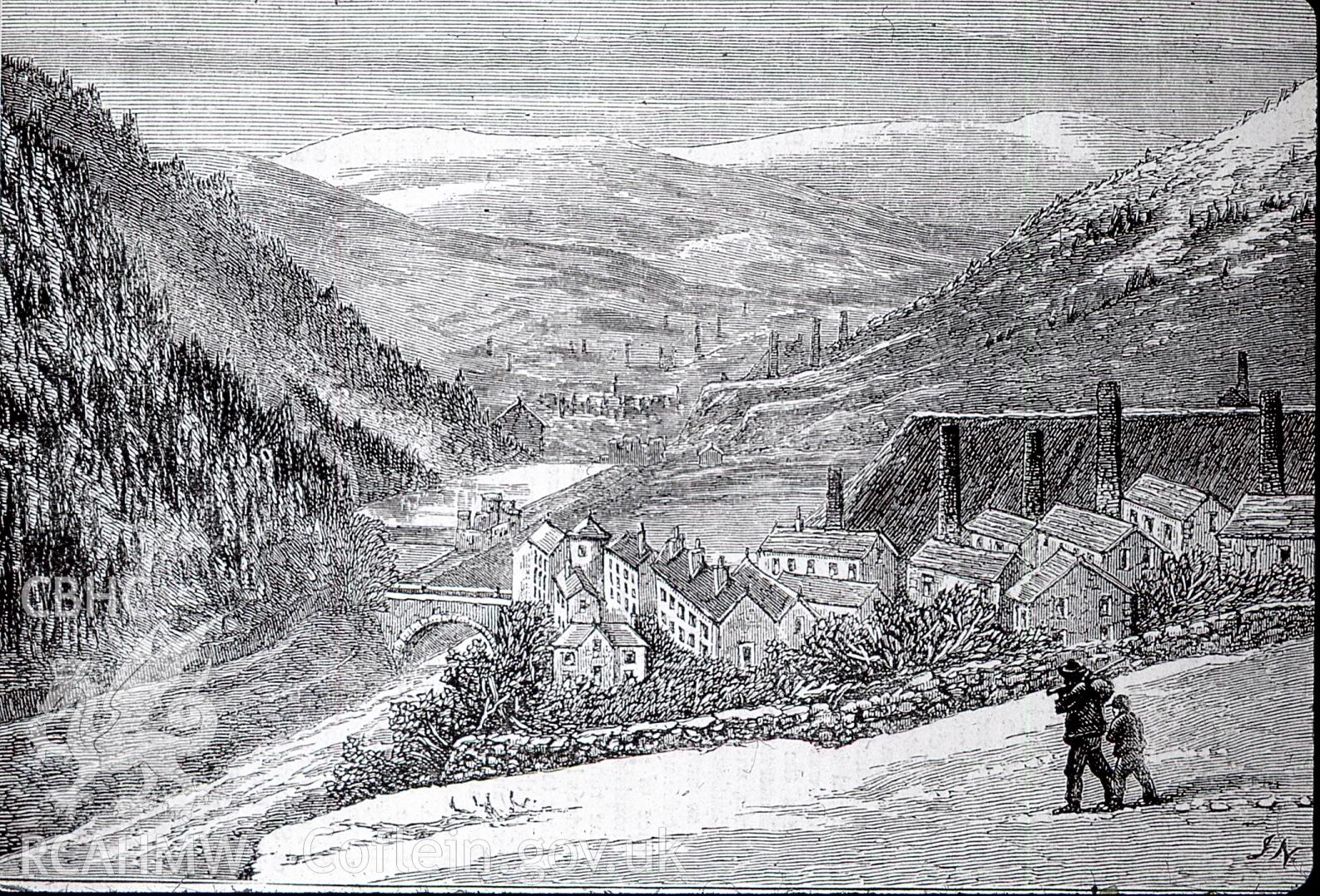 Digital copy of etching from London Illustrated News entitled: 'View of Merthyr and the Village of Cefn', undated.