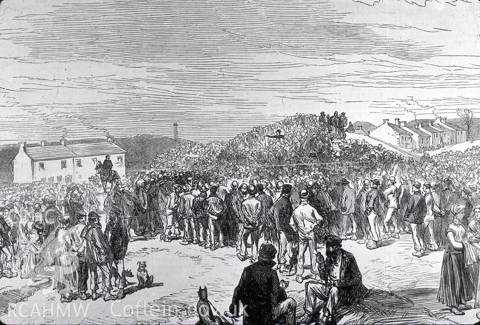 Digital copy of etching from London Illustrated News entitled: 'Mass Meeting of the locked-out at Mountain Hare, Merthyr Tydfil', dated 1875.