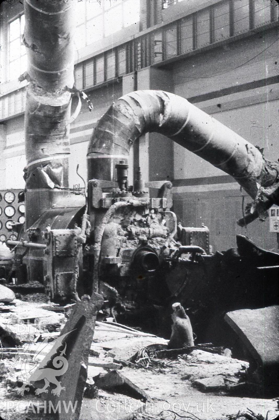 Digital photograph showing wreckage of no5 turbine and fire crew, after the 1957 disaster at Uskmouth Power station