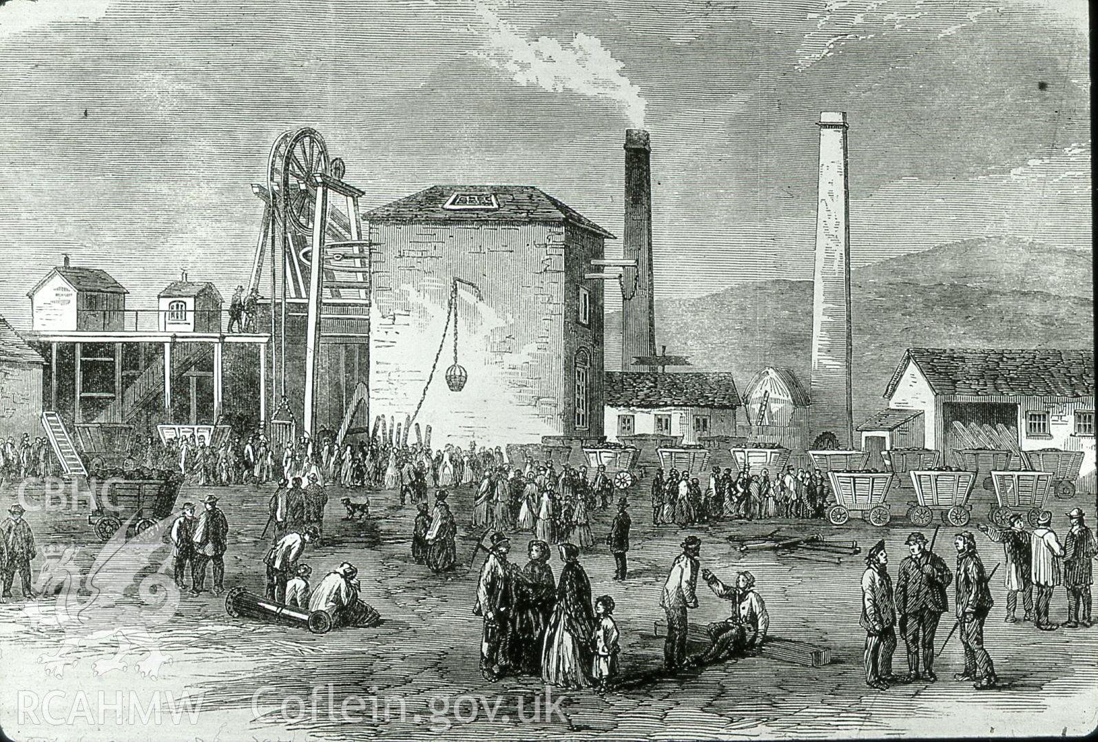Digital copy of etching from London Illustrated News entitled: 'Morfa Colliery, scene of the late fatal colliery explosion', dated 1863.