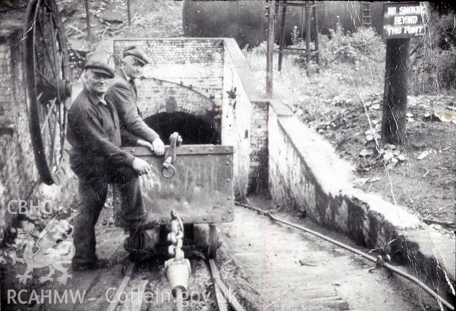 Digital photograph showing Stan Williams and Fred Roberts with wagon at Great Mountain colliery, Tumble, taken 1953.