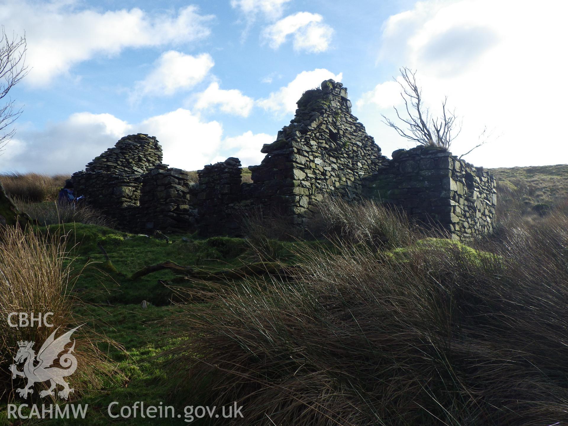 The former house at Bryn Du, looking south southeast, showing outbuilding at western end.