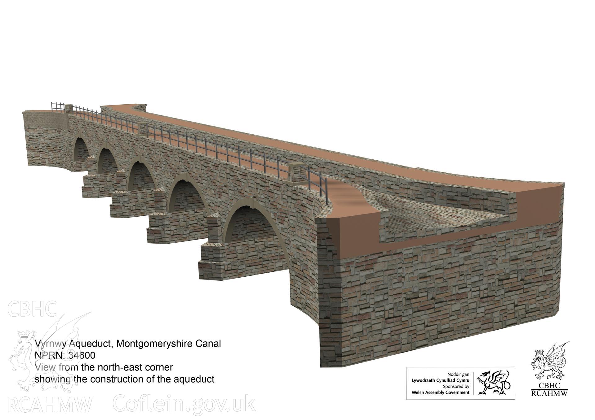 Still from the 3D model showing the construction of  Vyrnwy Aqueduct, viewed from the north-east, produced from existing two-dimensional survey drawings as part of a comparative study of the Pontcysyllte Aqueduct.