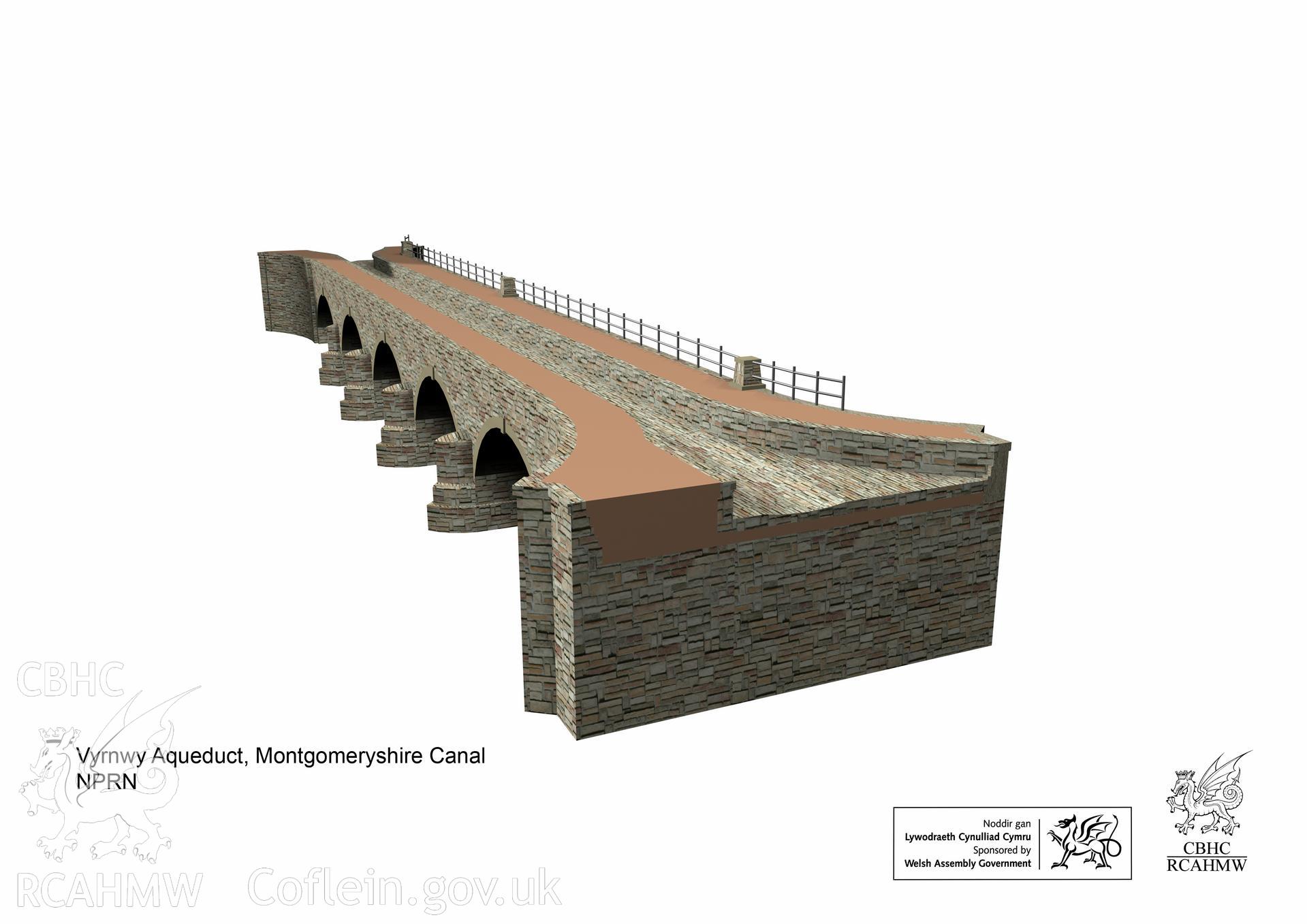 Still from the 3D model showing the construction of  Vyrnwy Aqueduct, viewed from the south-west, produced from existing two-dimensional survey drawings as part of a comparative study of the Pontcysyllte Aqueduct.