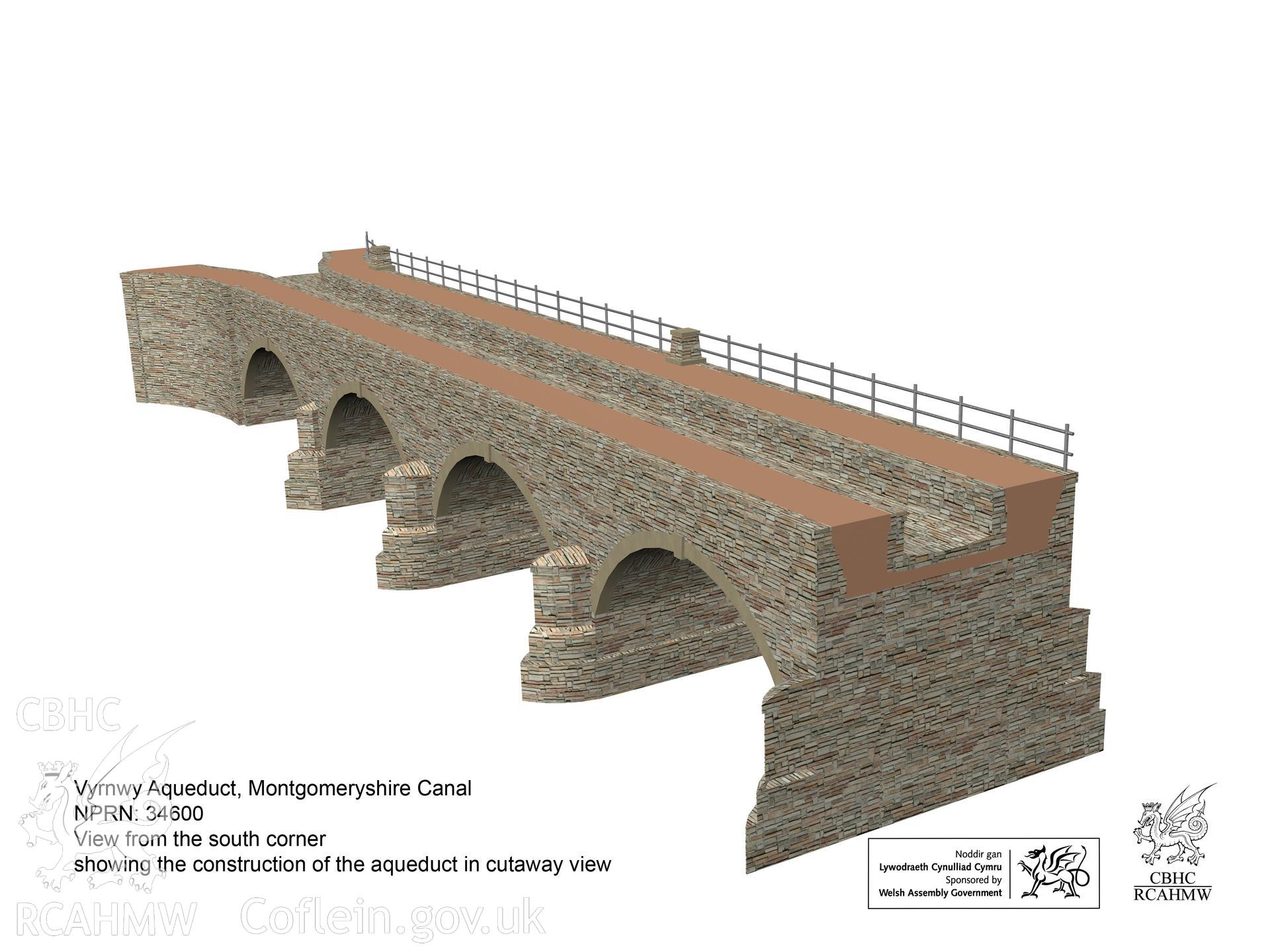 Still from the 3D model showing the construction of  Vyrnwy Aqueduct, viewed from the south-west and in a cutaway view, produced from existing two-dimensional survey drawings as part of a comparative study of the Pontcysyllte Aqueduct.