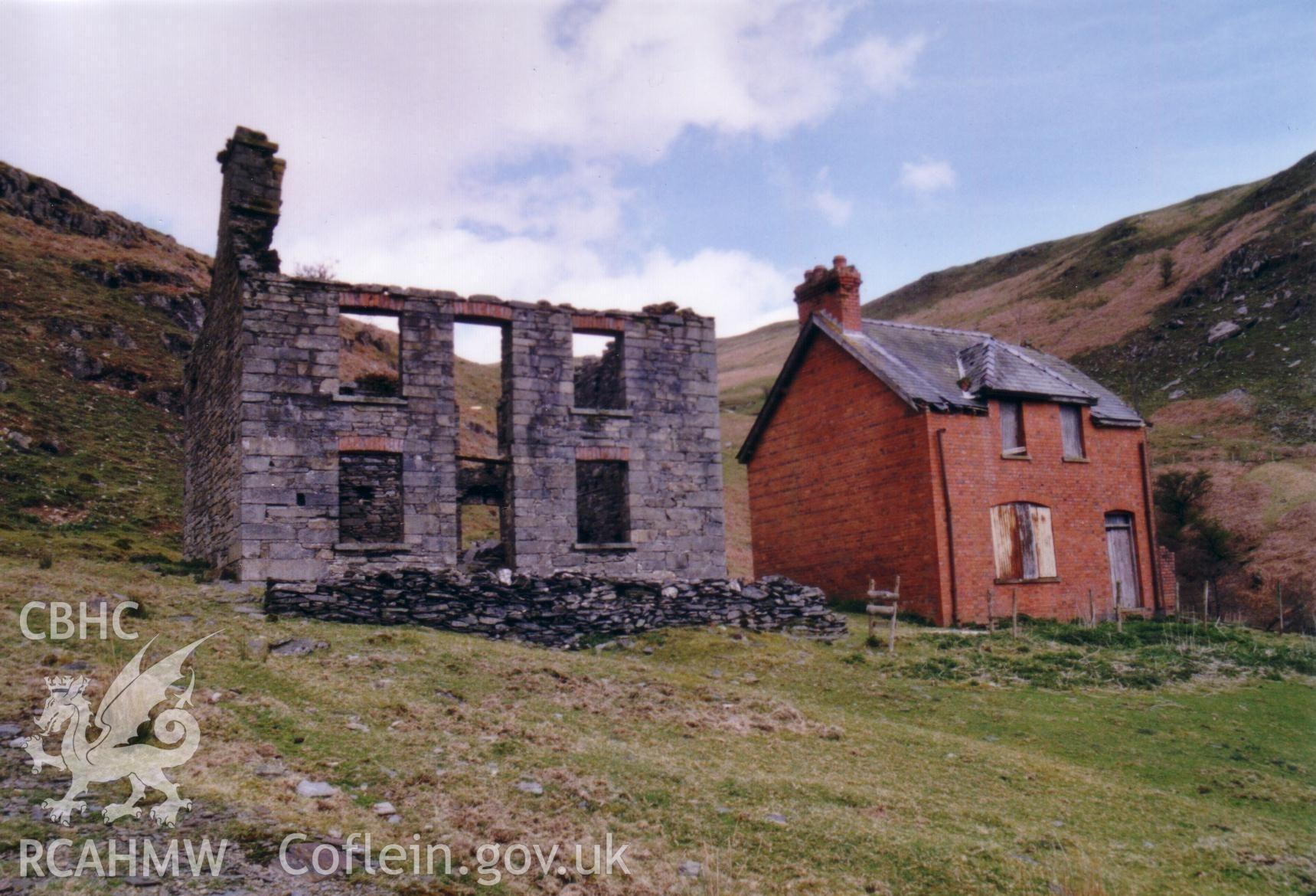 Slate mine office building and brick dwelling for Cwm Elan Reservoir estate worker.