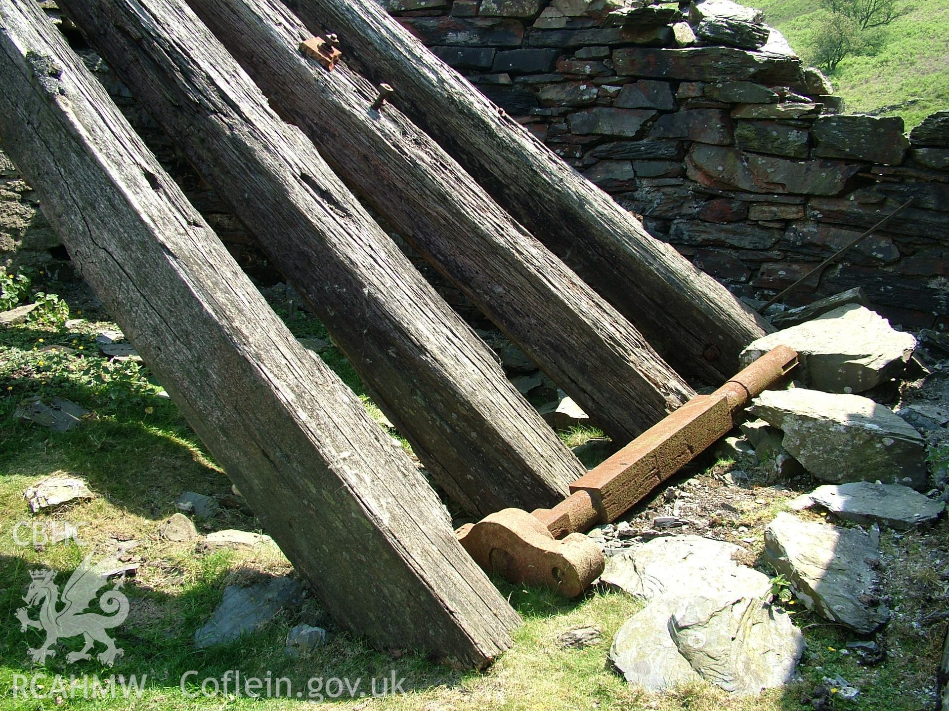 Close up of beams and water wheel axle.