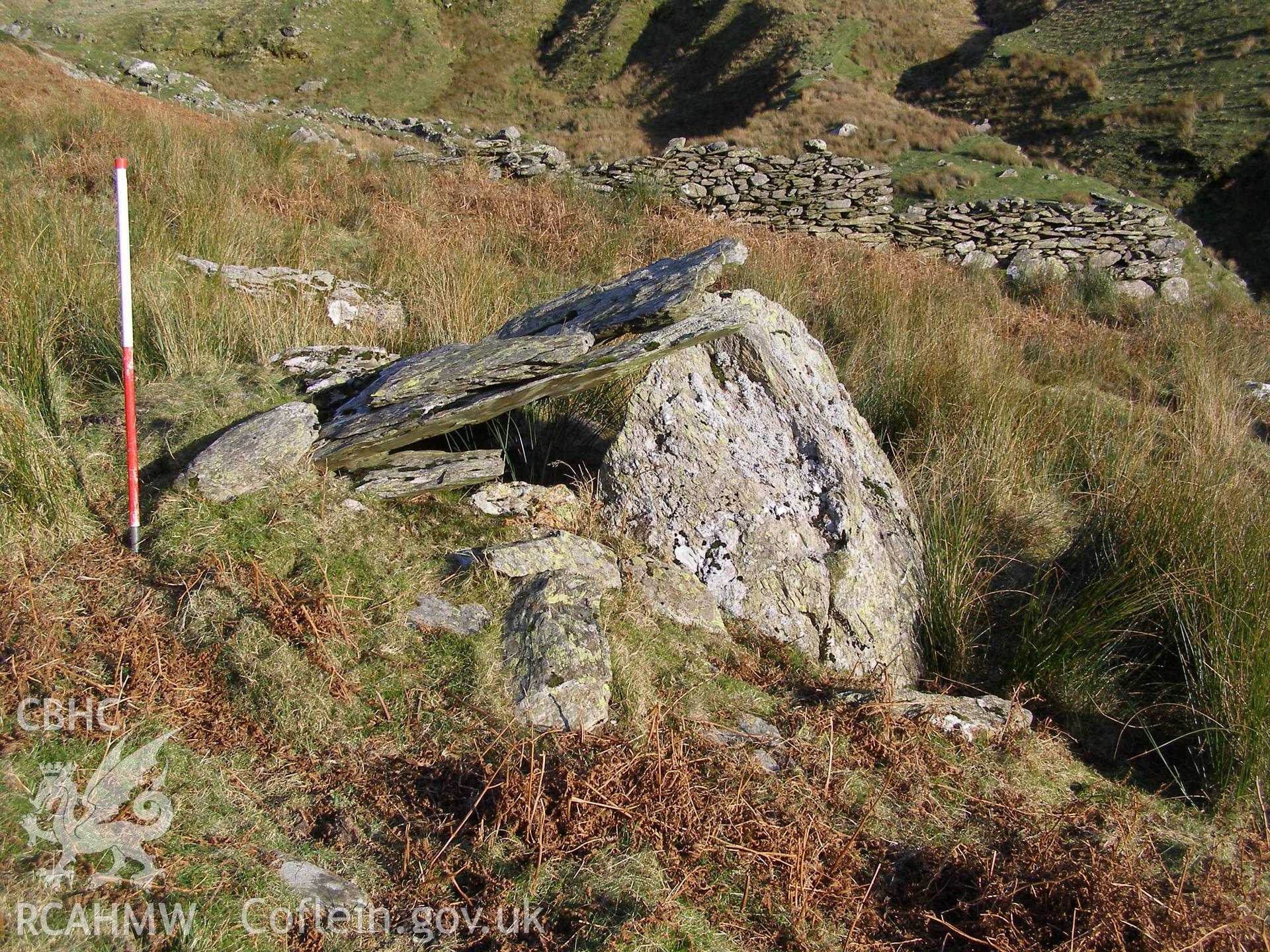 Digital colour photograph of a store at Cwm Gafr taken on 20/12/2007 by P.J. Schofield during the Snowdonia Bethesda Upland Survey undertaken by Oxford Archaeology North.