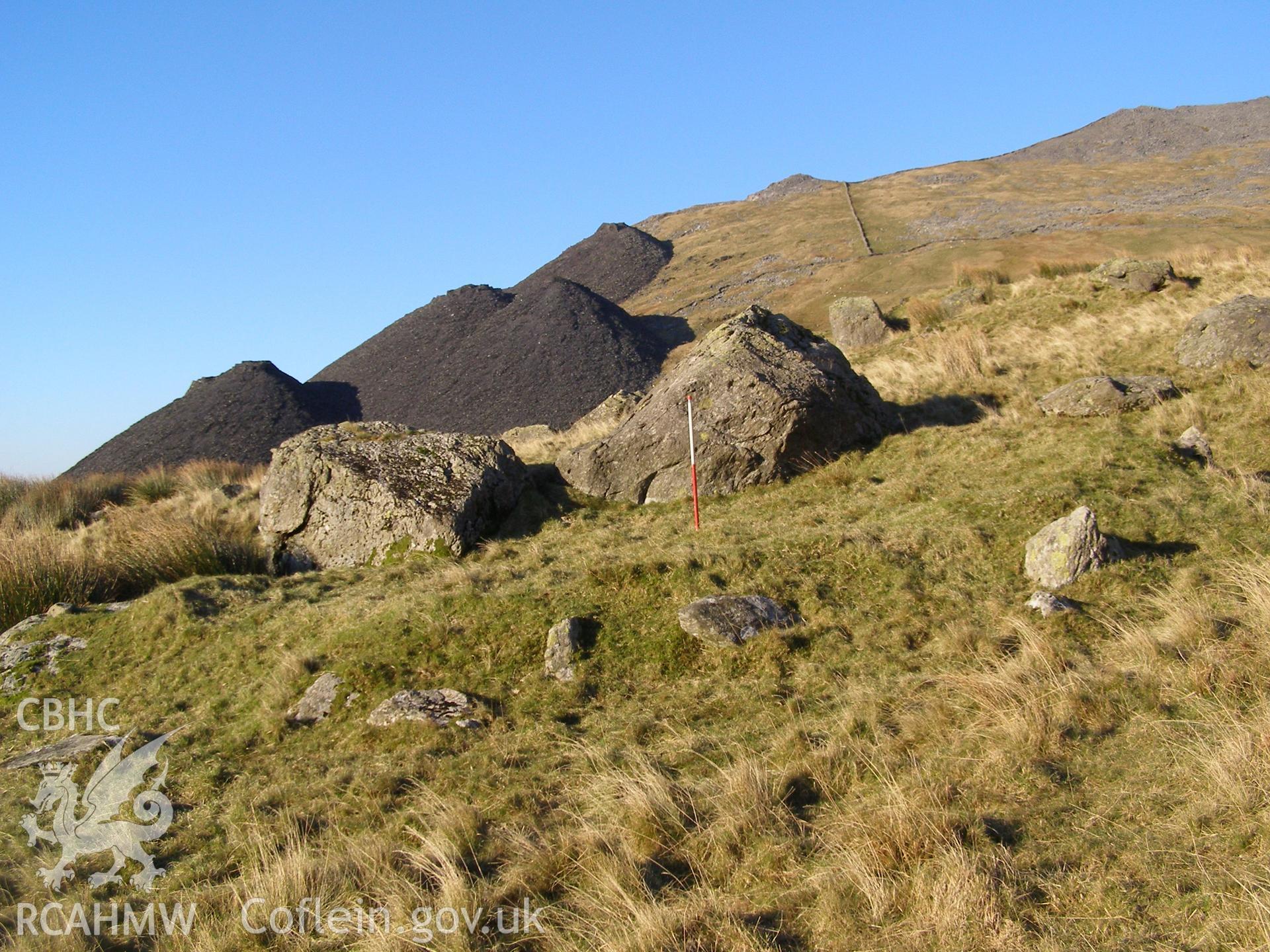 Digital colour photograph of Afon Gafr earthwork taken on 19/12/2007 by P.J. Schofield during the Snowdonia Bethesda Upland Survey undertaken by Oxford Archaeology North.
