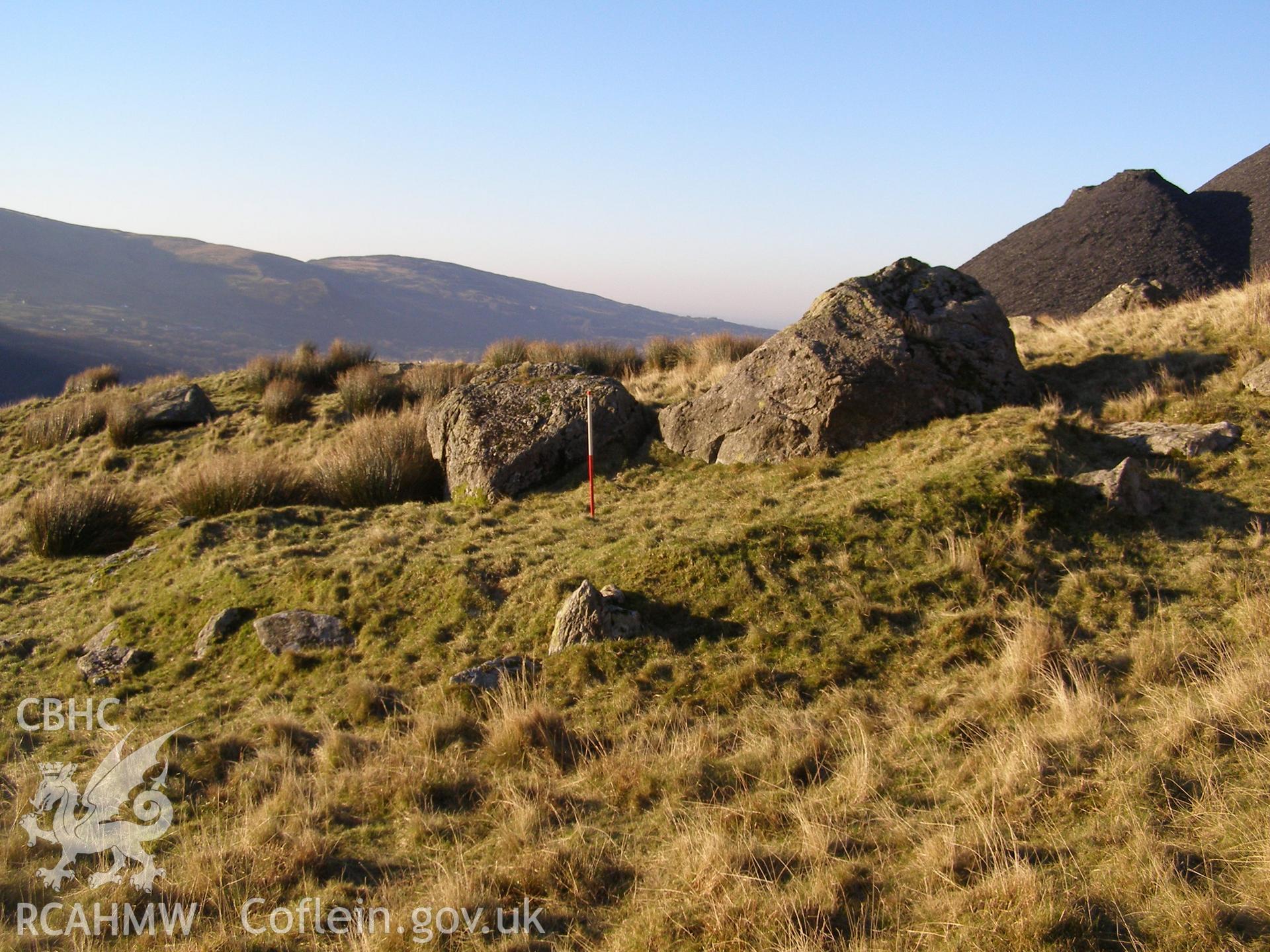 Digital colour photograph of Afon Gafr earthwork taken on 19/12/2007 by P.J. Schofield during the Snowdonia Bethesda Upland Survey undertaken by Oxford Archaeology North.