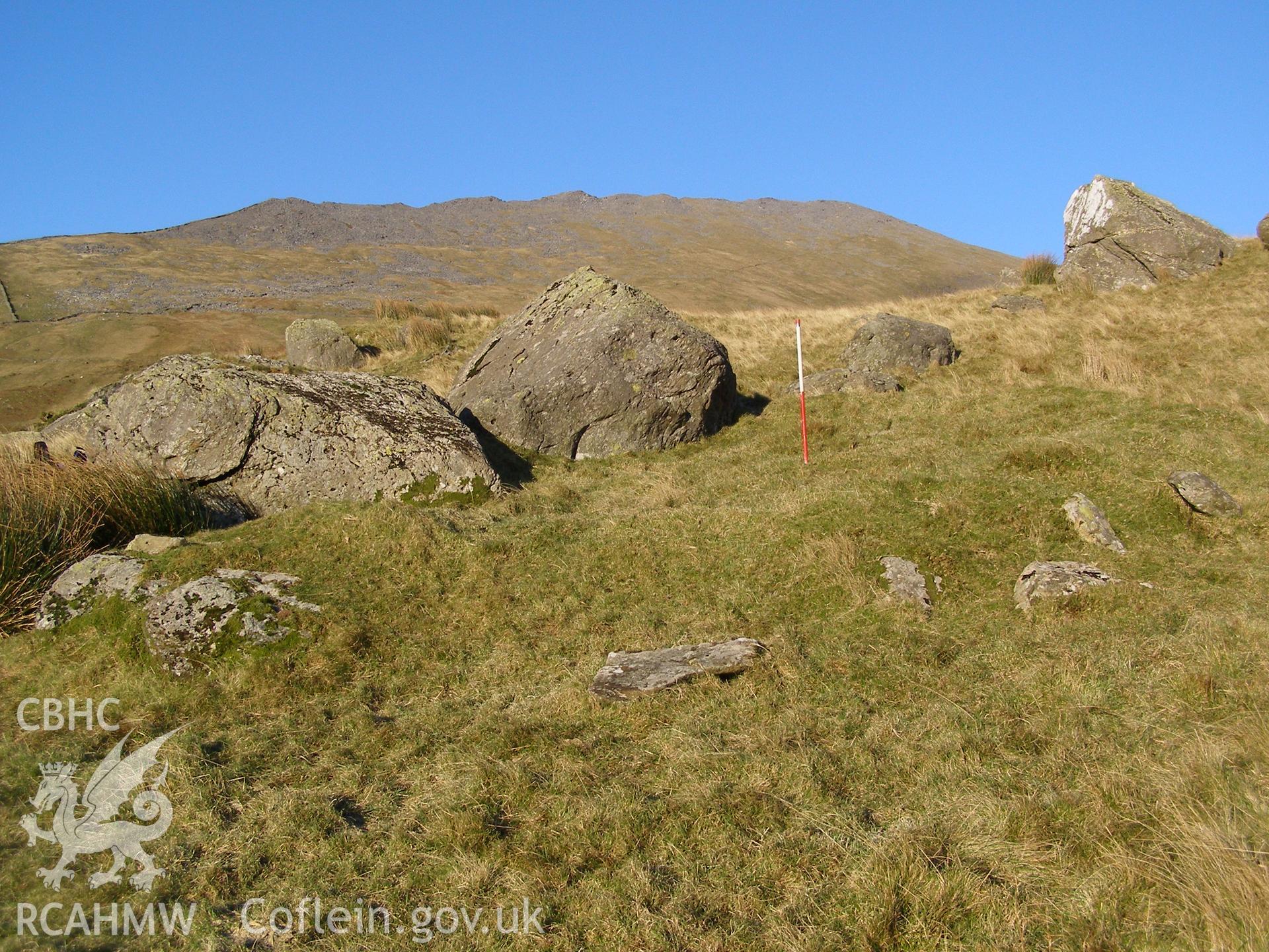 Digital colour photograph of Afon Gafr earthwork taken on 19/12/2007 by P.J. Schofield during the Snowdonia Bethesda Upland Survey undertaken by Oxford Archaeology North.