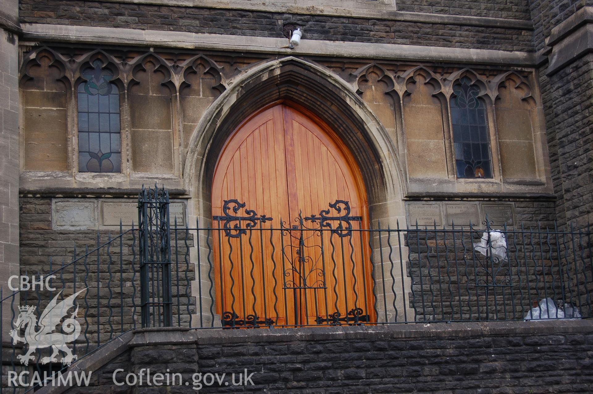 Digital colour photograph showing an exterior view of the Van Road United Reformed Church main door, after renovation.